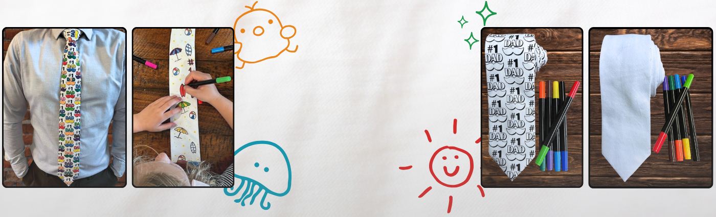 A child coloring a blank white craft necktie for Father's Day and a man wearing a colorful tie that says #1 Dad.