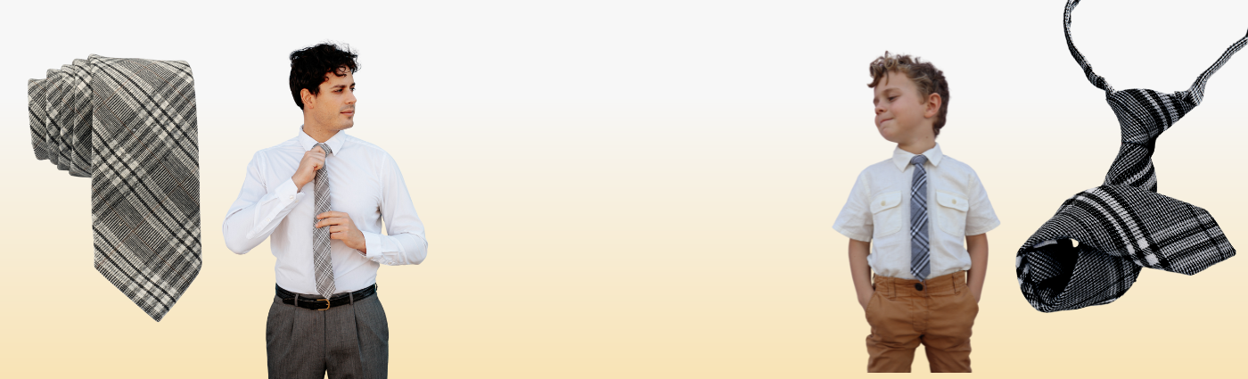 A man and child standing in front of an orange gradient background with matching black plaid neckties for weddings.