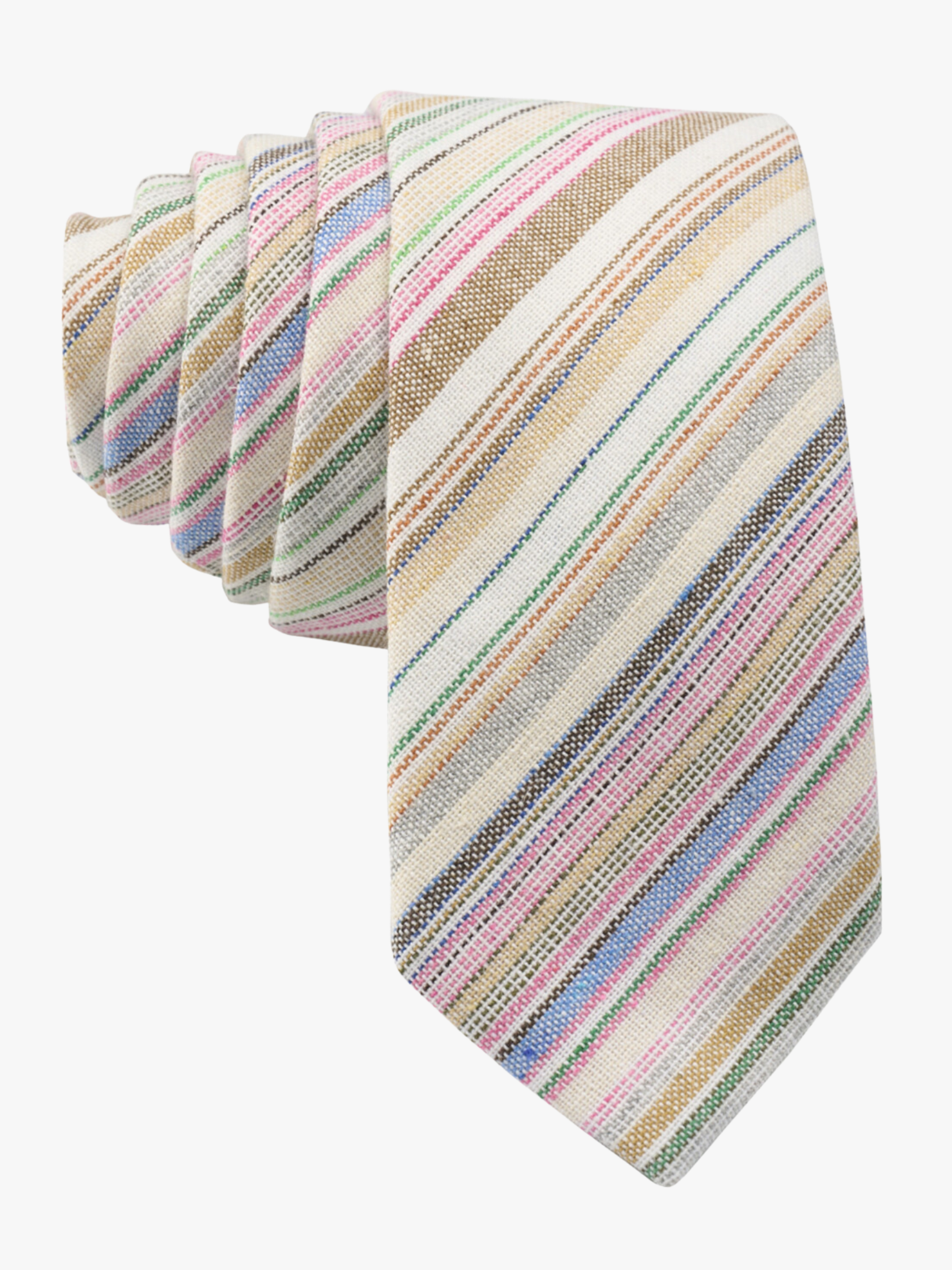 Adult mens striped tie with pink stripe, light blue lines, thin offwhite bars, and colorful diagonal designs for festivities.