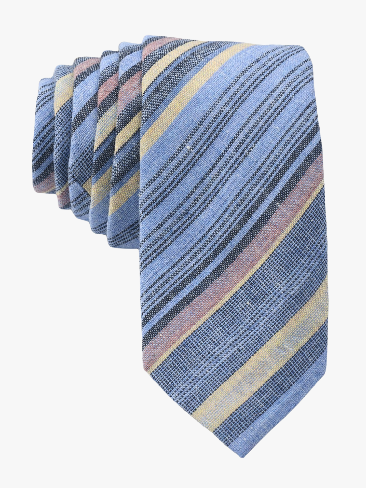 Adult mens striped tie with pastel blue stripe, navy lines, yellow bars, and colorful diagonal designs for work or church.