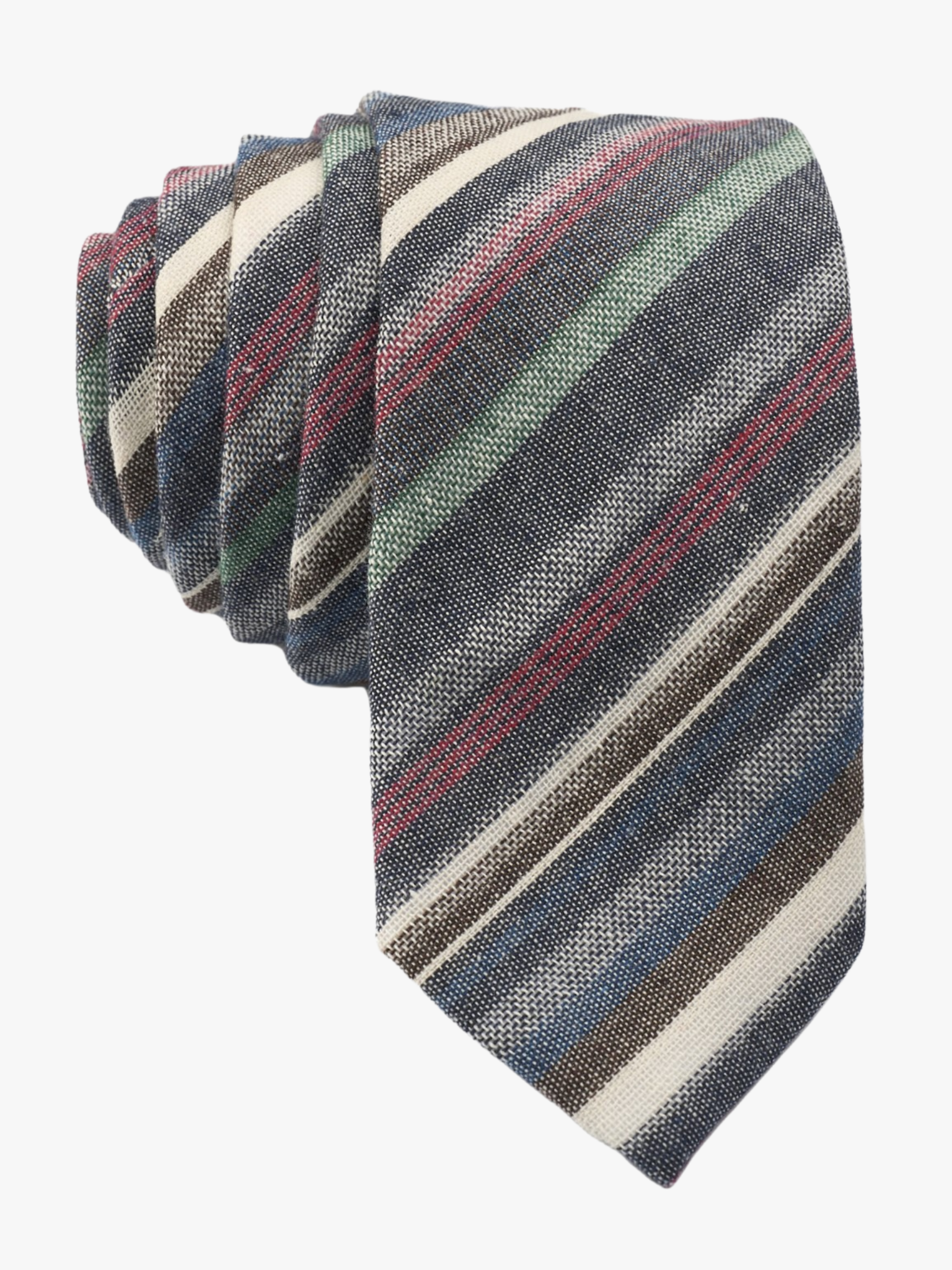 Adult mens striped tie with dark gray stripe, thin red lines, light grey bars, and colorful diagonal designs for graduations.