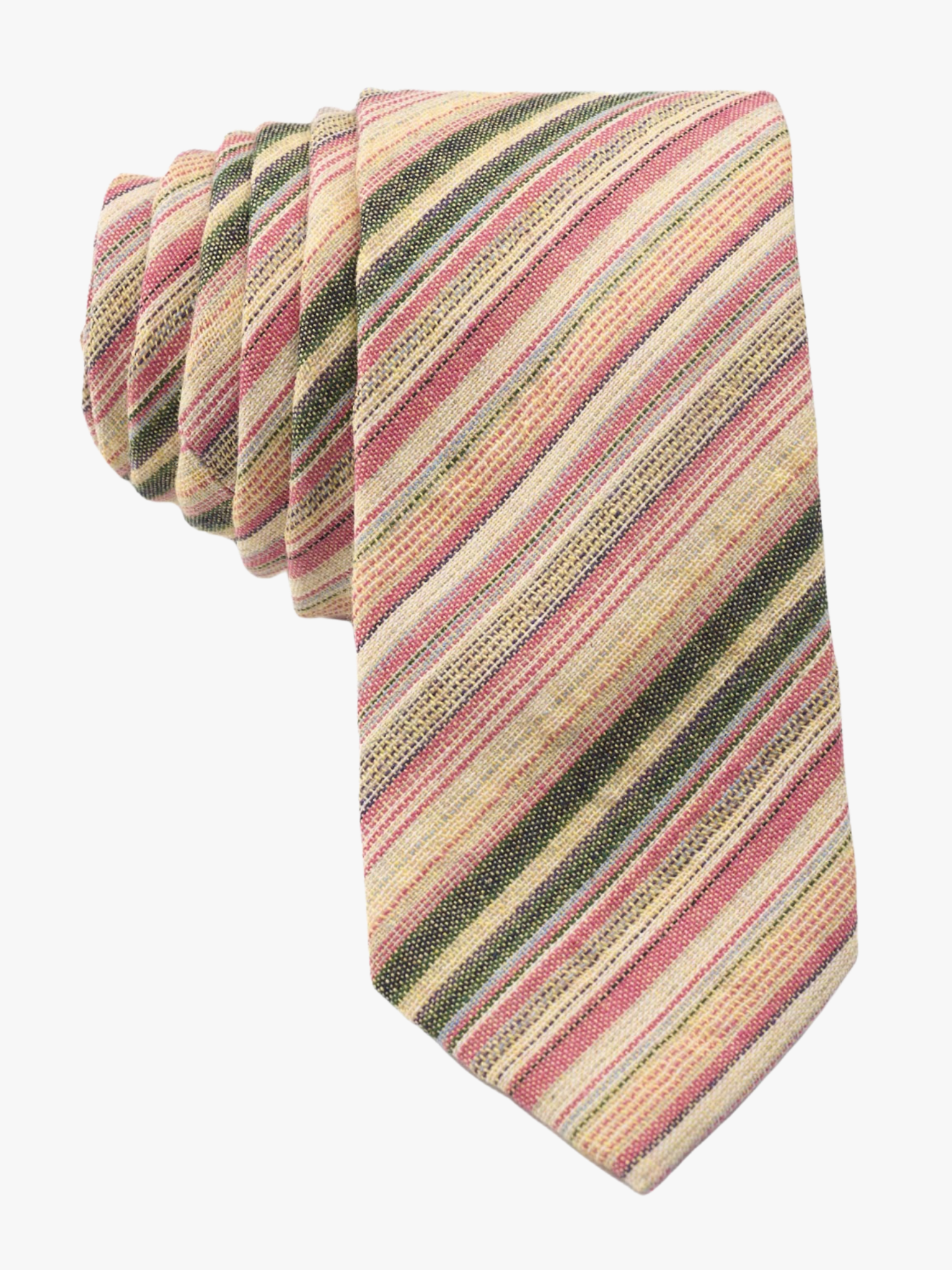 Adult mens striped tie with hot pink stripe, tan yellow lines, dark bars, and colorful diagonal designs for weddings pics.