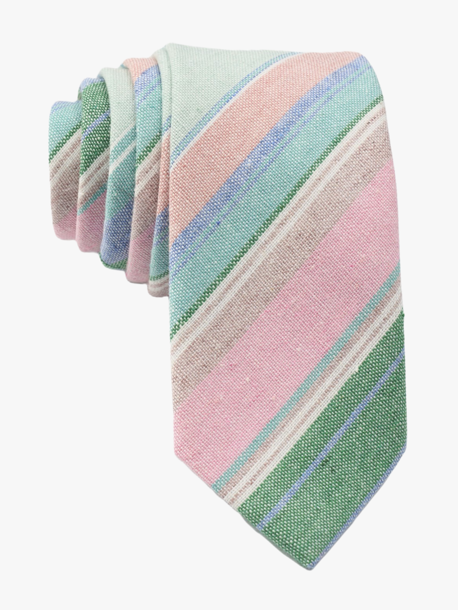 Adult mens striped tie with light pink stripe, baby blue lines, dark green bars, and colorful diagonal designs for daily use.