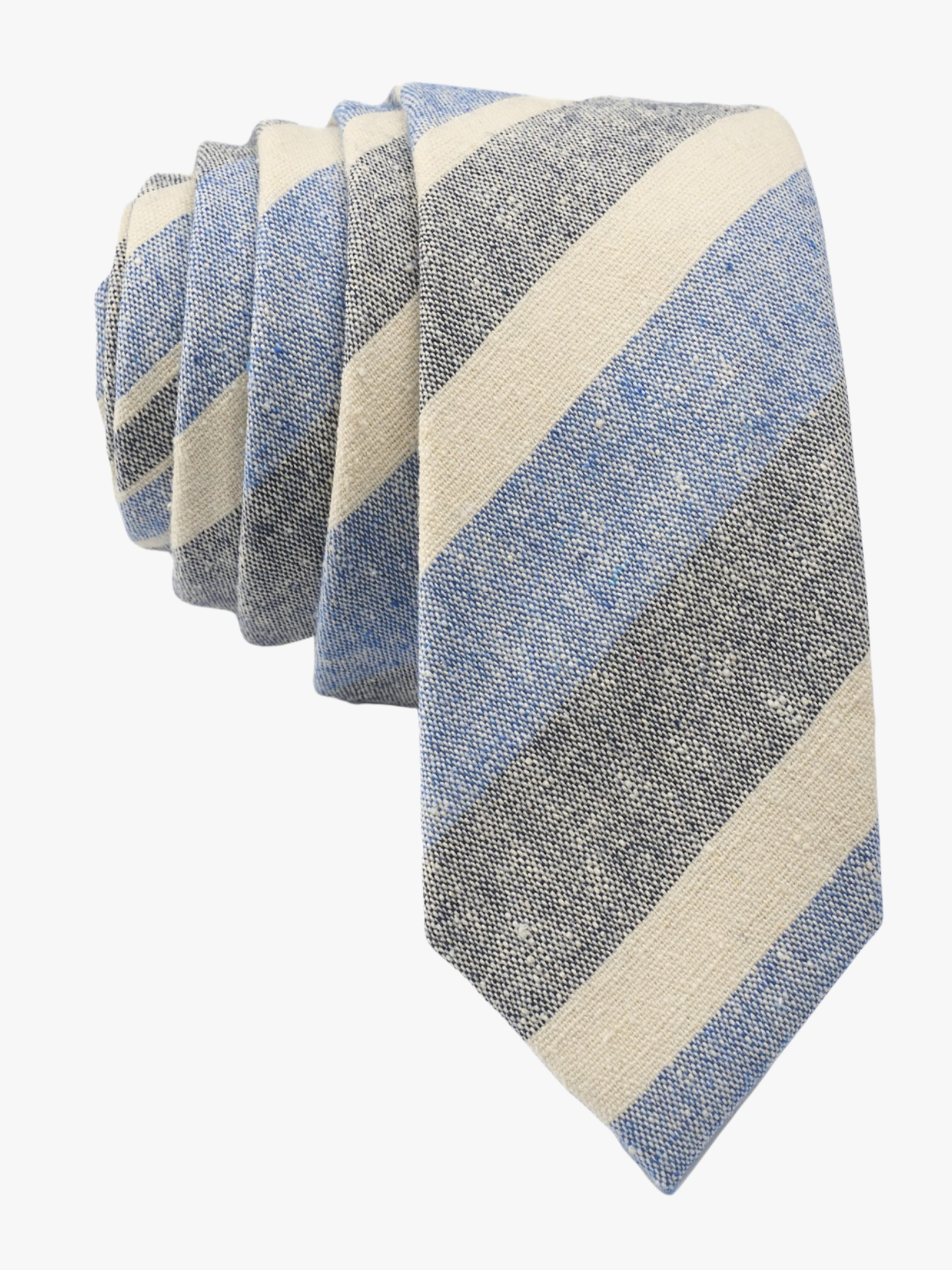 Adult mens striped tie with denim blue stripe, beige cream lines, gray/grey bars, and colorful diagonal designs for business.