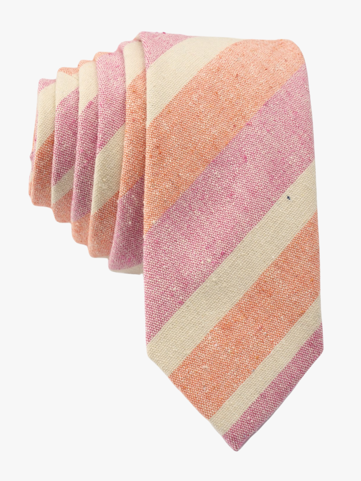 Adult mens striped tie with hot pink stripe, beige lines, orange cream bars, and colorful diagonal designs for a cruises.