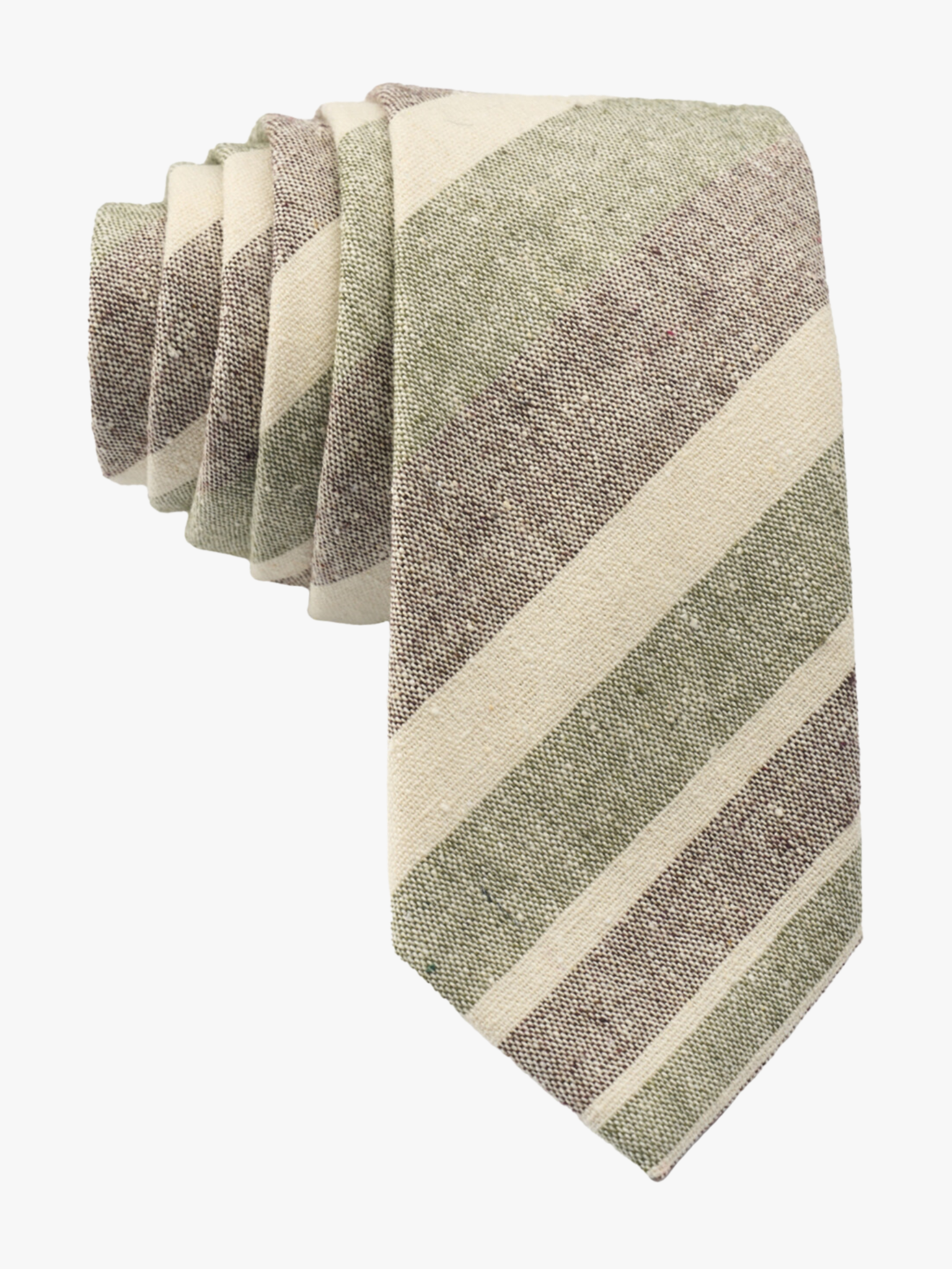 Adult mens striped tie with olive green stripe, cream lines, grey bars, and colorful diagonal designs for work presentations.