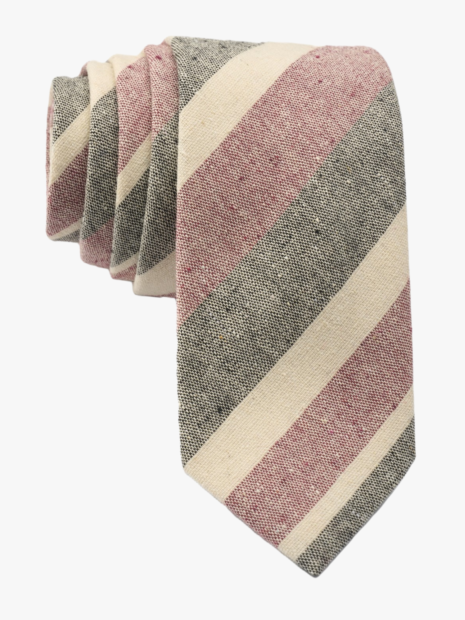 Adult mens striped tie with crimson red stripe, dark gray lines, beige cream bars, and colorful diagonal designs conferences.