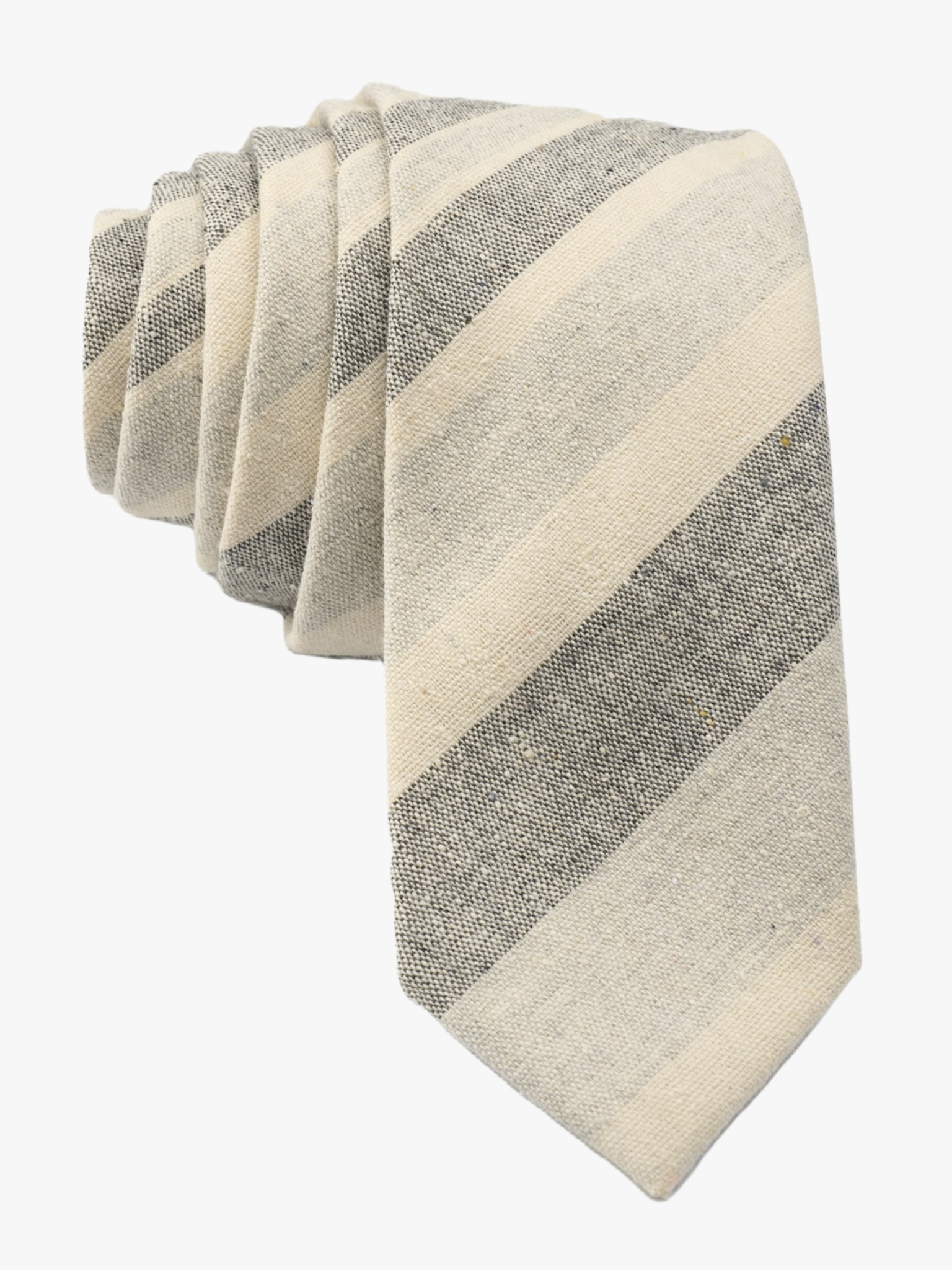 Adult mens striped tie with pale grey stripe, dark gray lines, cream color bars, and colorful diagonal designs for church.