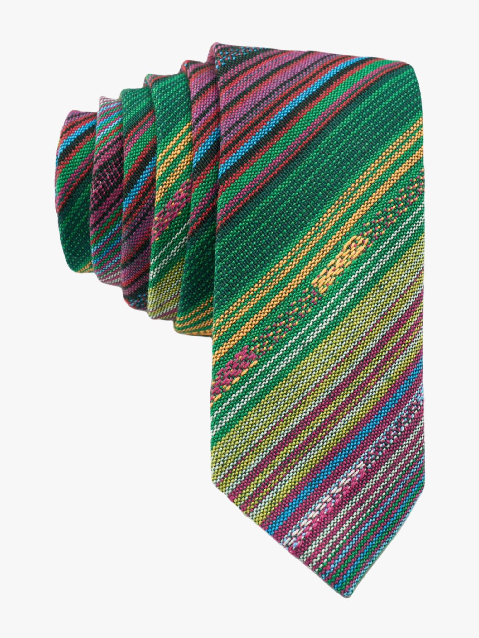 Adult mens striped necktie with green stripe, purple lines, yellow bars, blue designs and Mexican fiesta Latin America style.