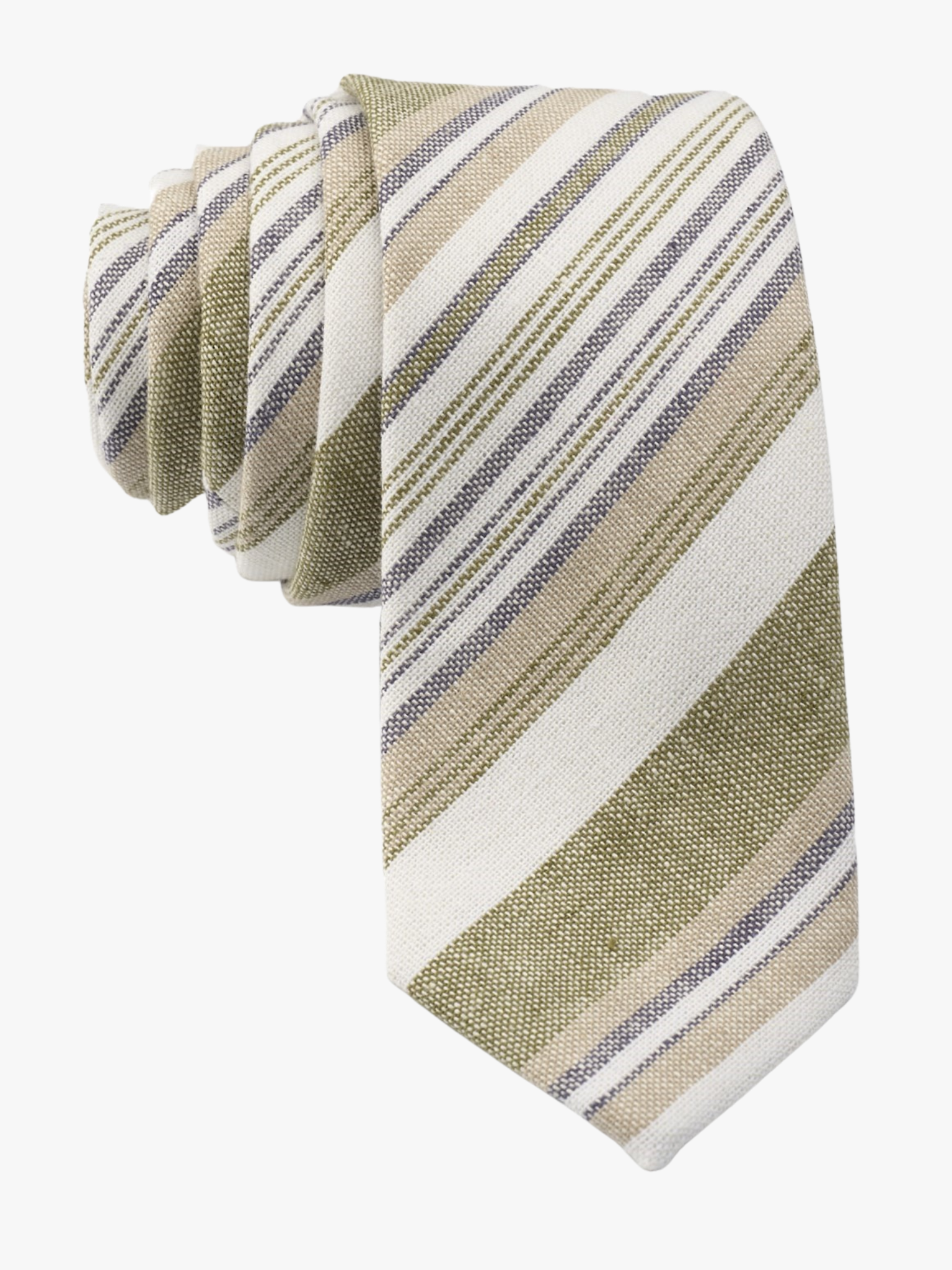 Adult mens striped tie with thin gold stripe, thick tan lines, white bars, and colorful diagonal designs for family photos.