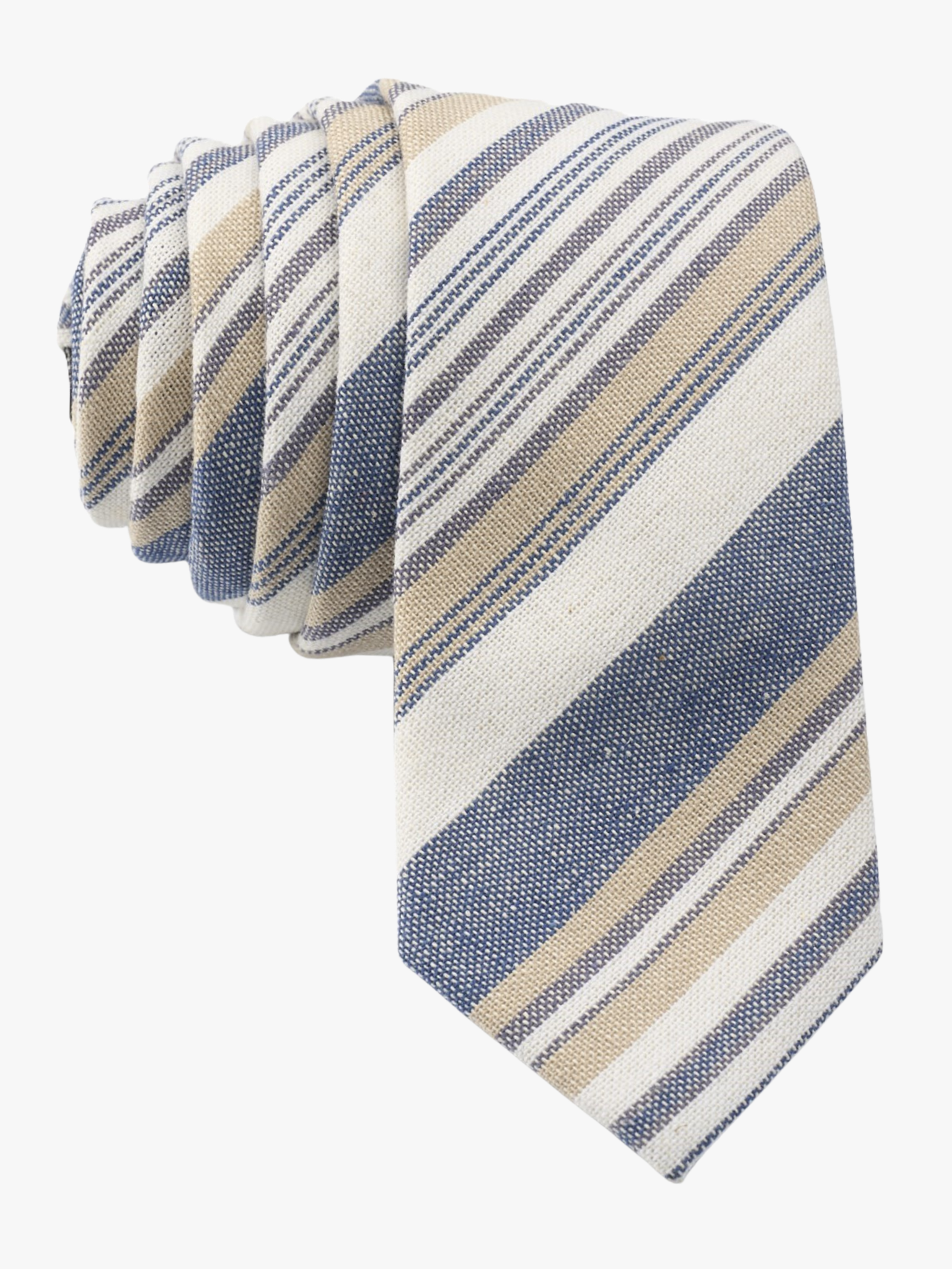 Adult mens striped tie with thin dark blue stripe, white lines, gold bars, and colorful diagonal designs family photos.