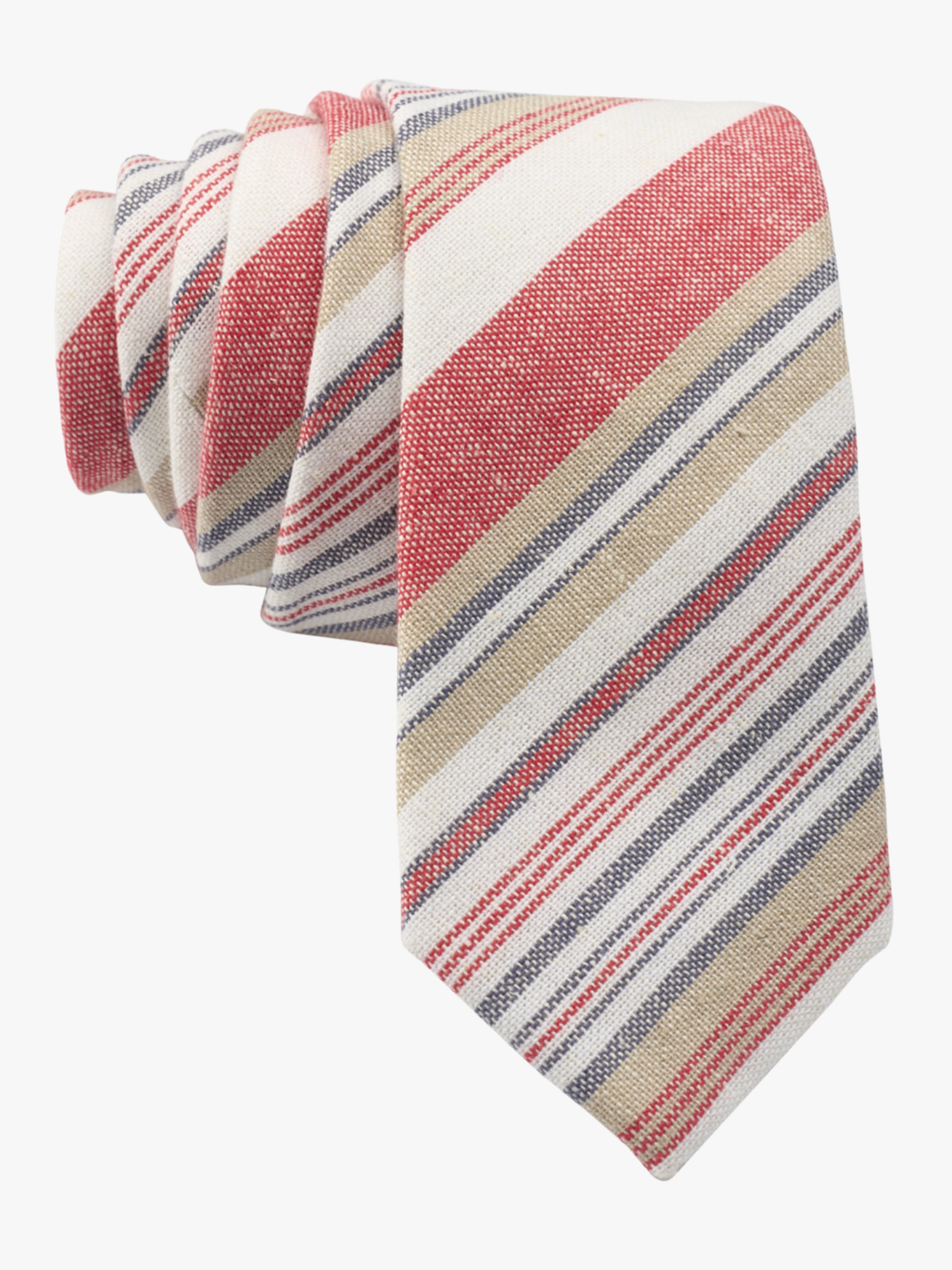 Adult mens striped tie with blood red stripe, white lines, gold bars, and diagonal designs for new professional headshots.