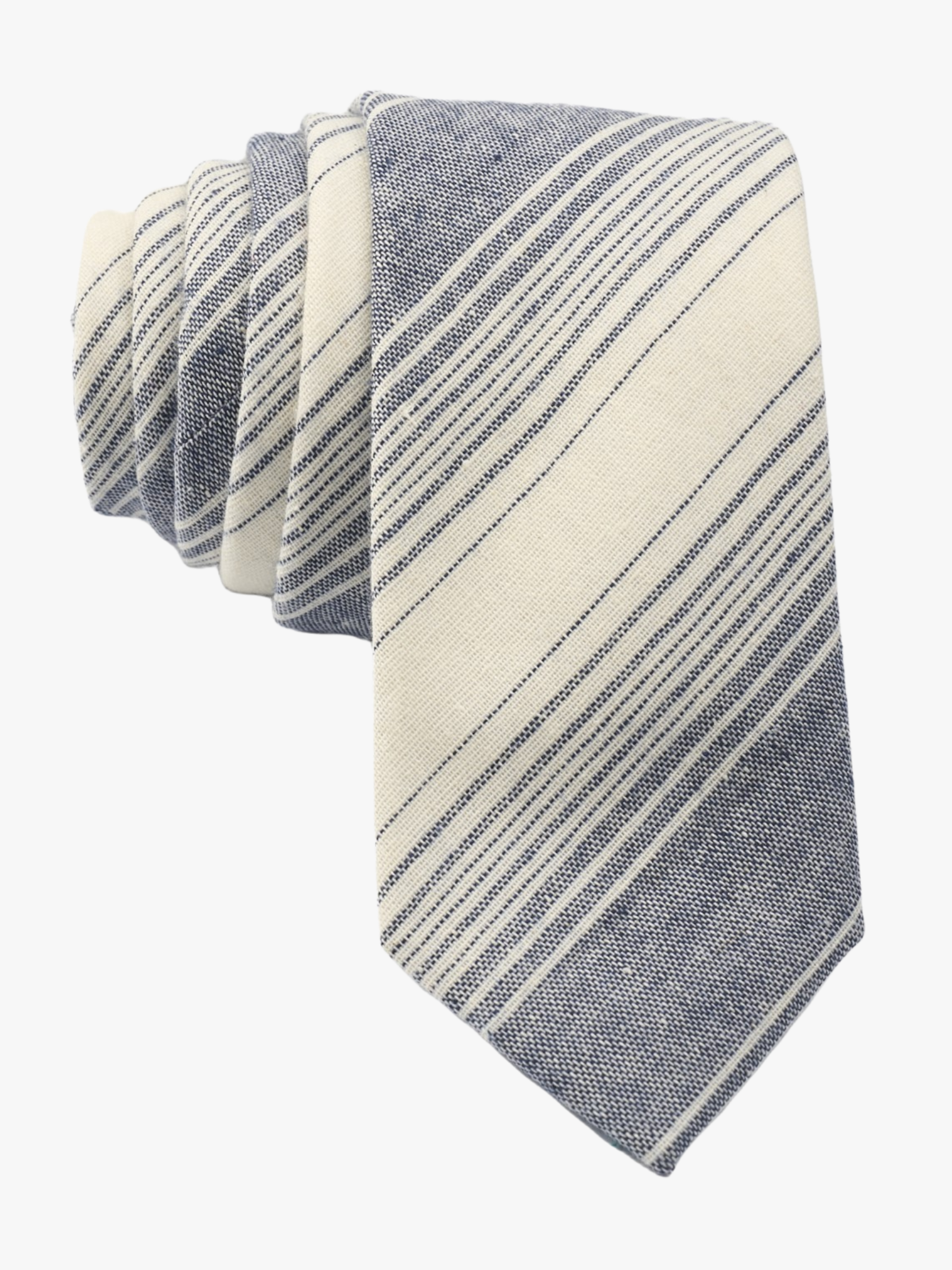 Adult mens striped tie with varying navy blue stripe, thin beige cream lines,  and colorful diagonal designs for soccer fans.