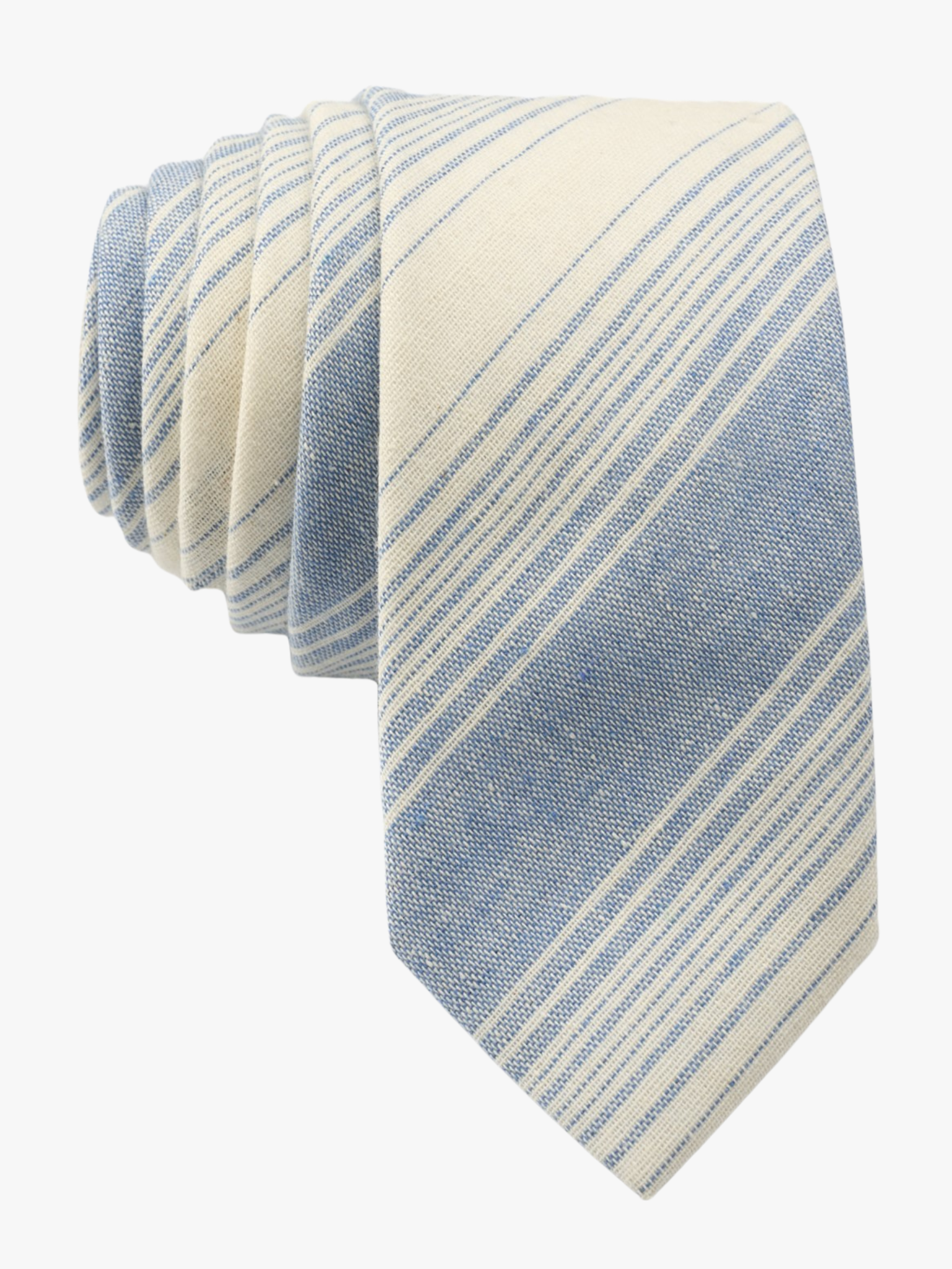 Adult mens striped tie with varying light dusty blue stripe, thin beige cream lines,  and colorful diagonal designs for work.