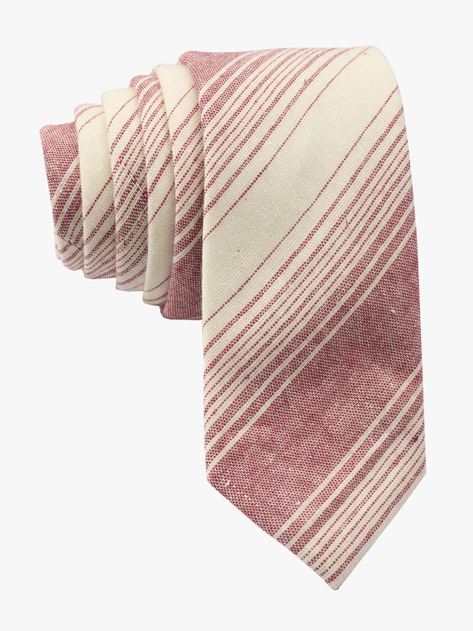 Adult mens striped tie with varying crimson red stripe, thin beige cream lines,  and colorful diagonal designs for coaches.