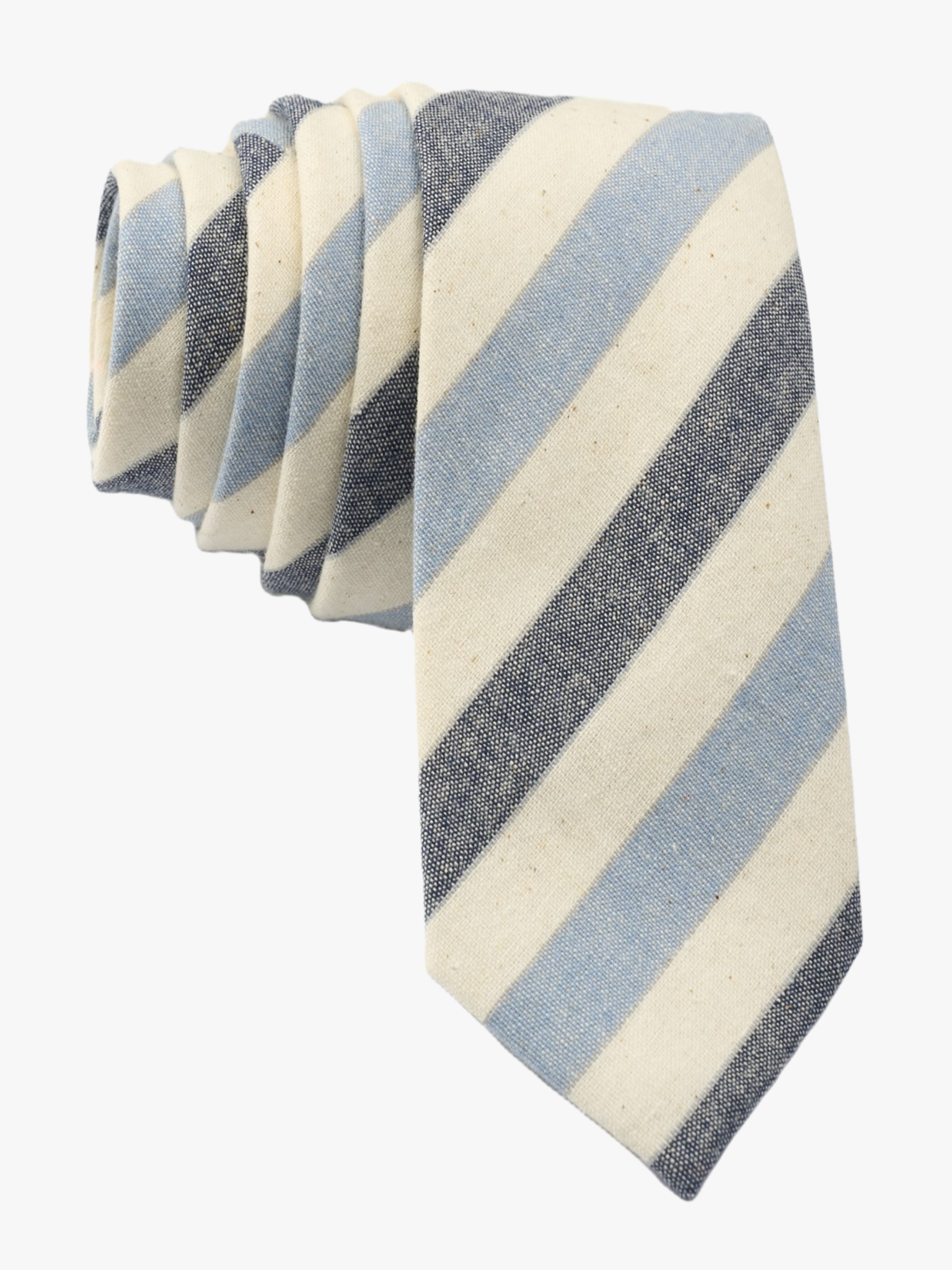 Adult mens striped tie with evenly spaced light baby blue stripe, navy lines, cream bars, and colorful diagonal designs.