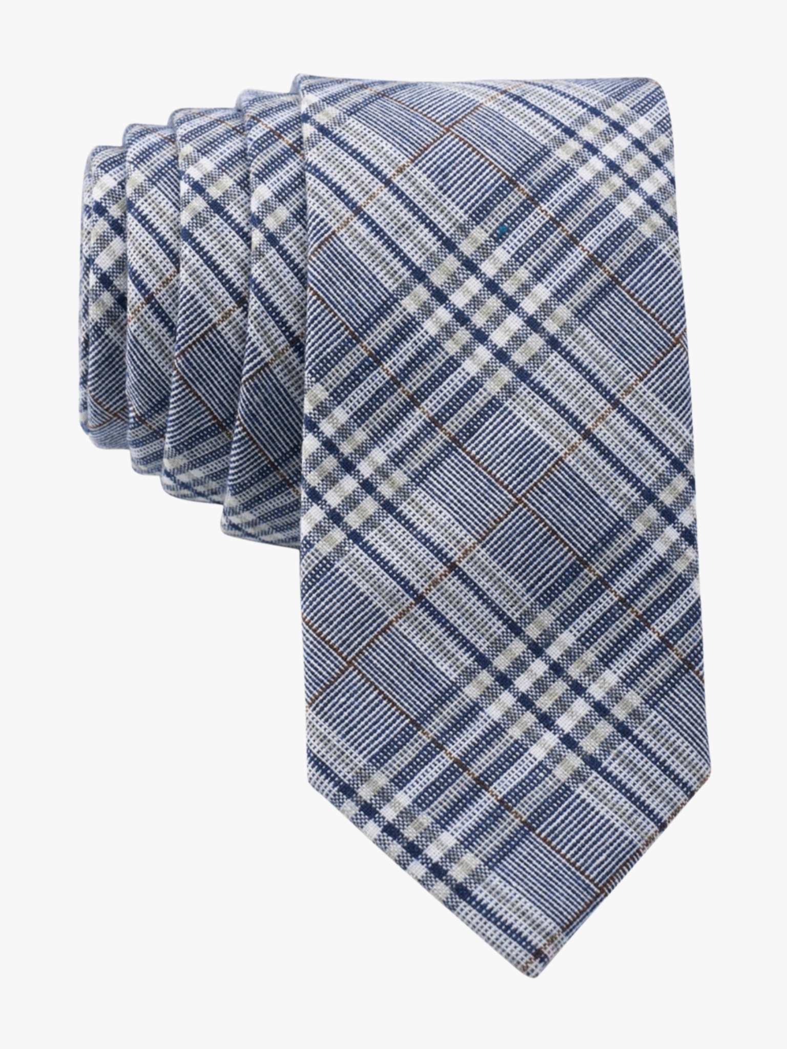 Adult mens striped tie with navy plaid pattern with light blue stripes, diagonal white bars, brown and criss cross designs.