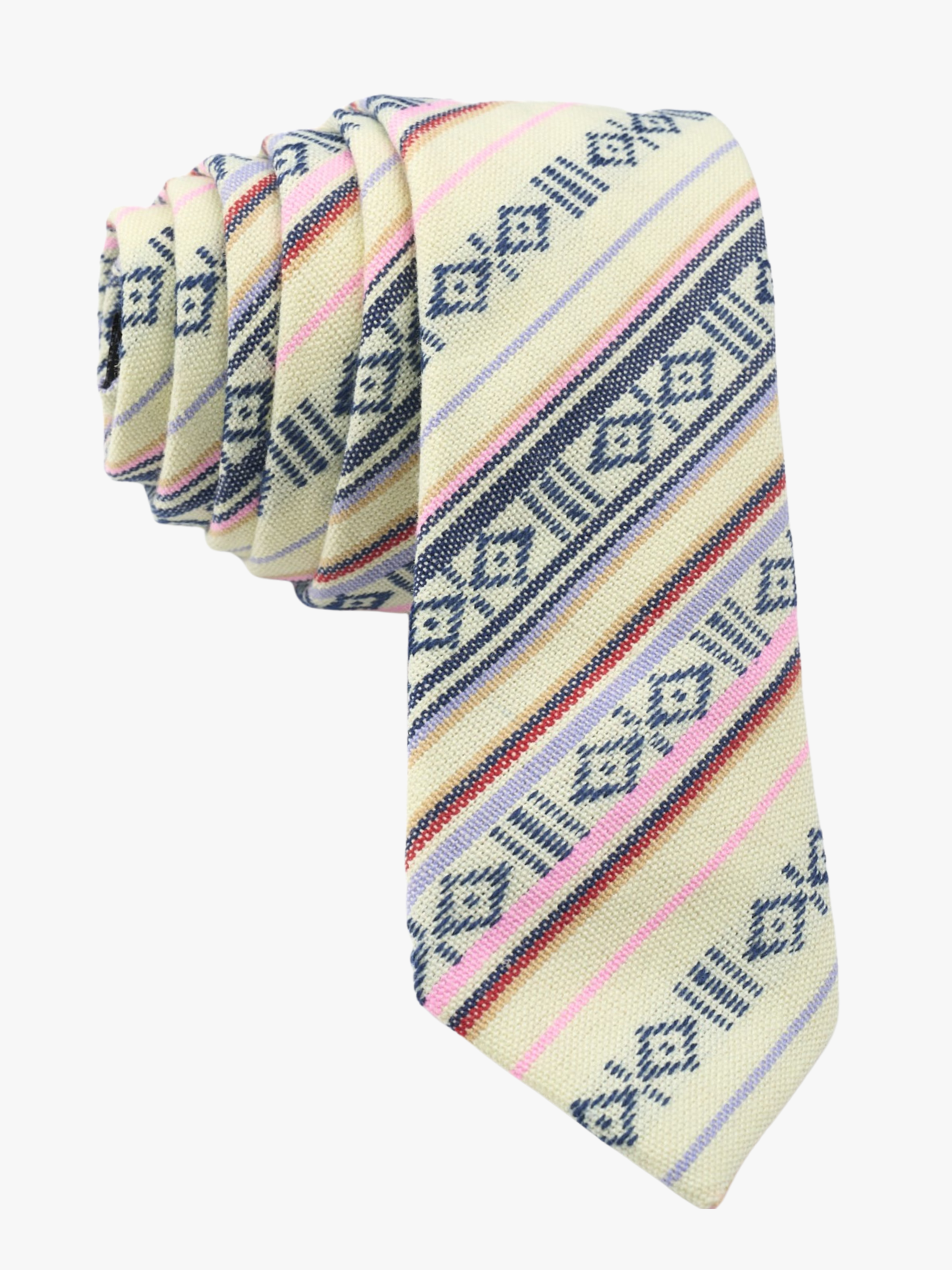 Adult mens striped tie with black stripe, pink lines, red bars, Native American inspired designs and Mexican fiesta style.