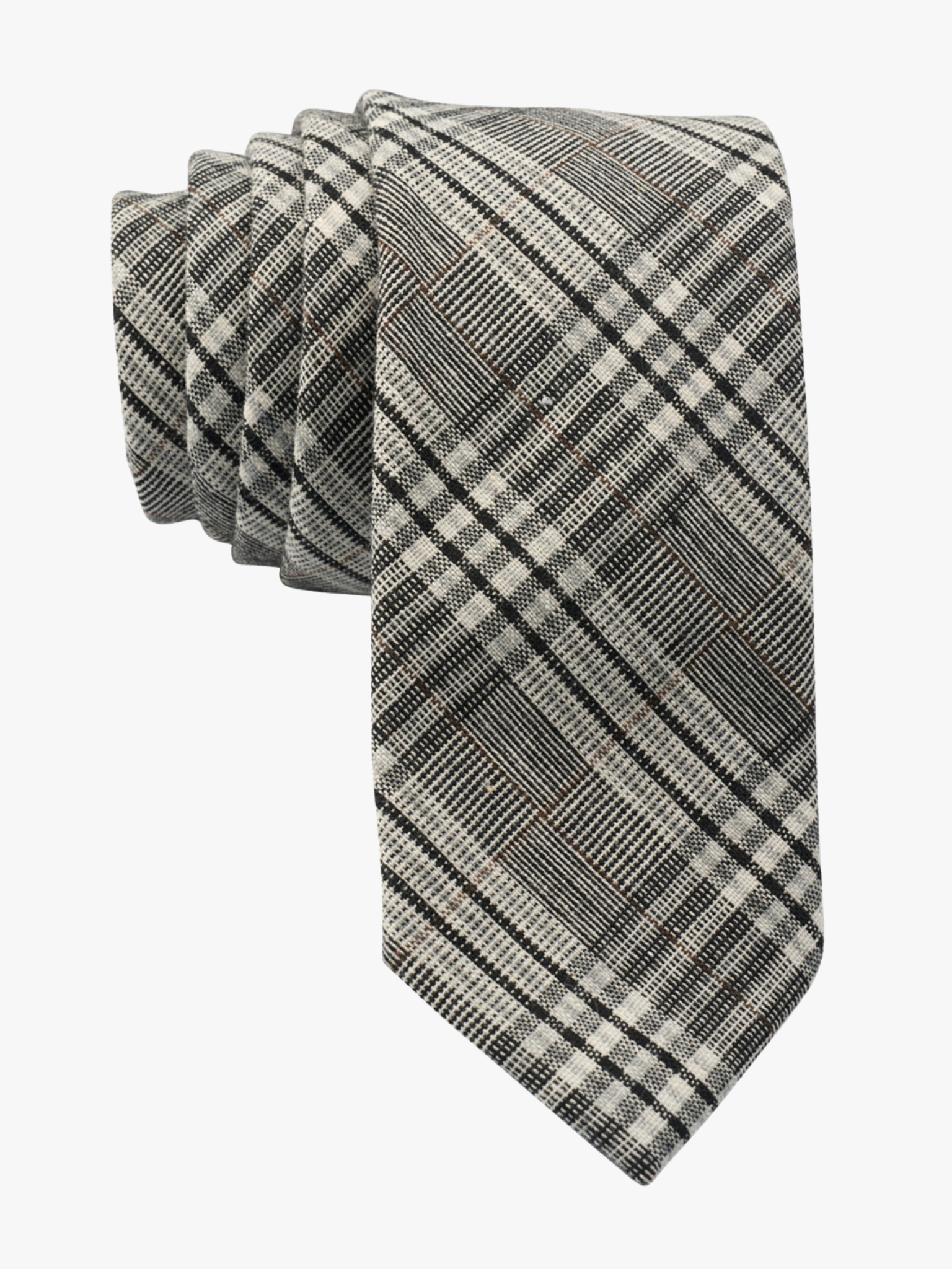 Adult mens striped tie with black plaid pattern with light gray stripes, diagonal white bars, brown and criss cross designs.