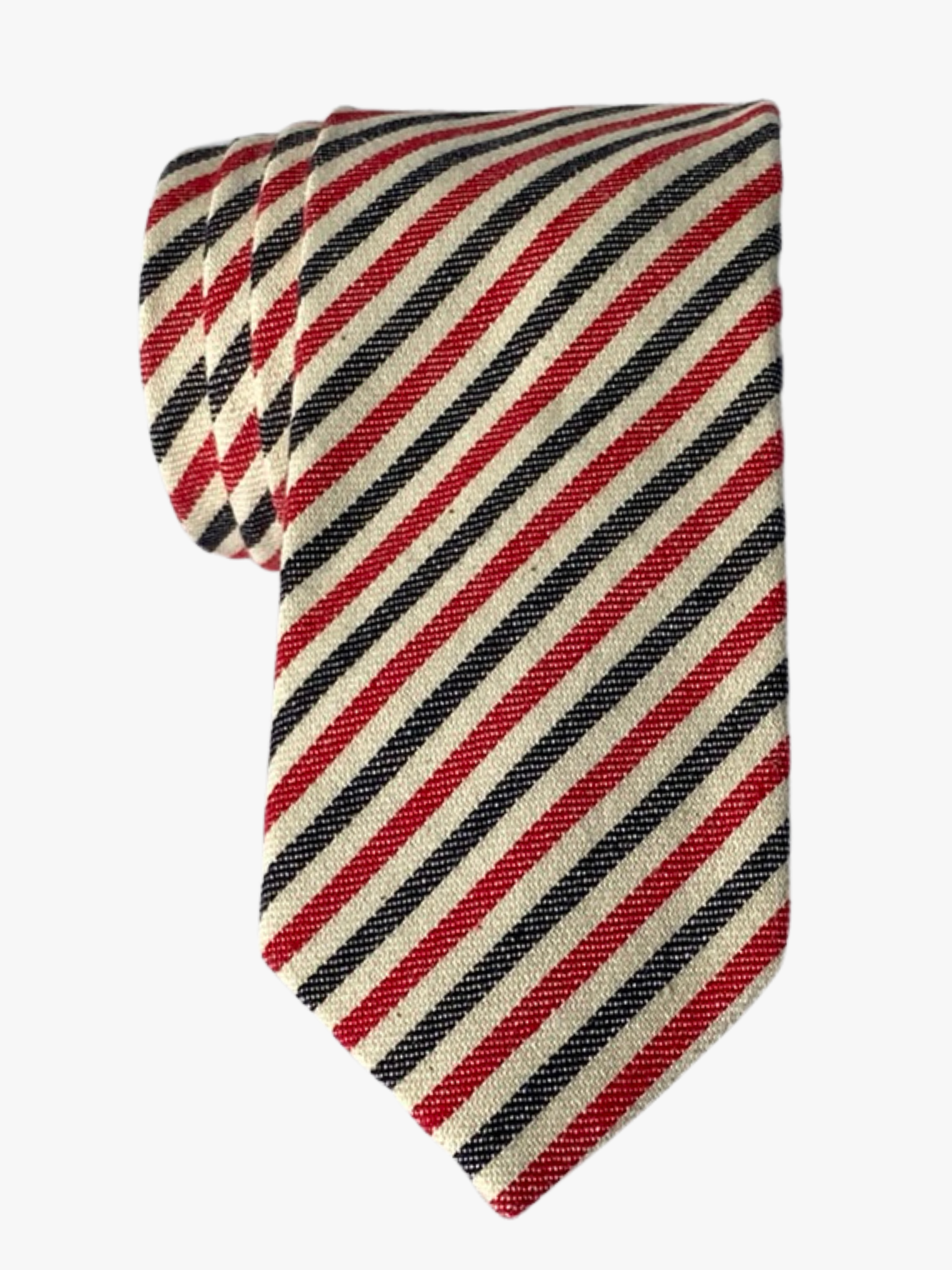 Adult mens striped tie with red stripes, thin navy lines, beige bars, and colorful diagonal designs for zoom meetings.