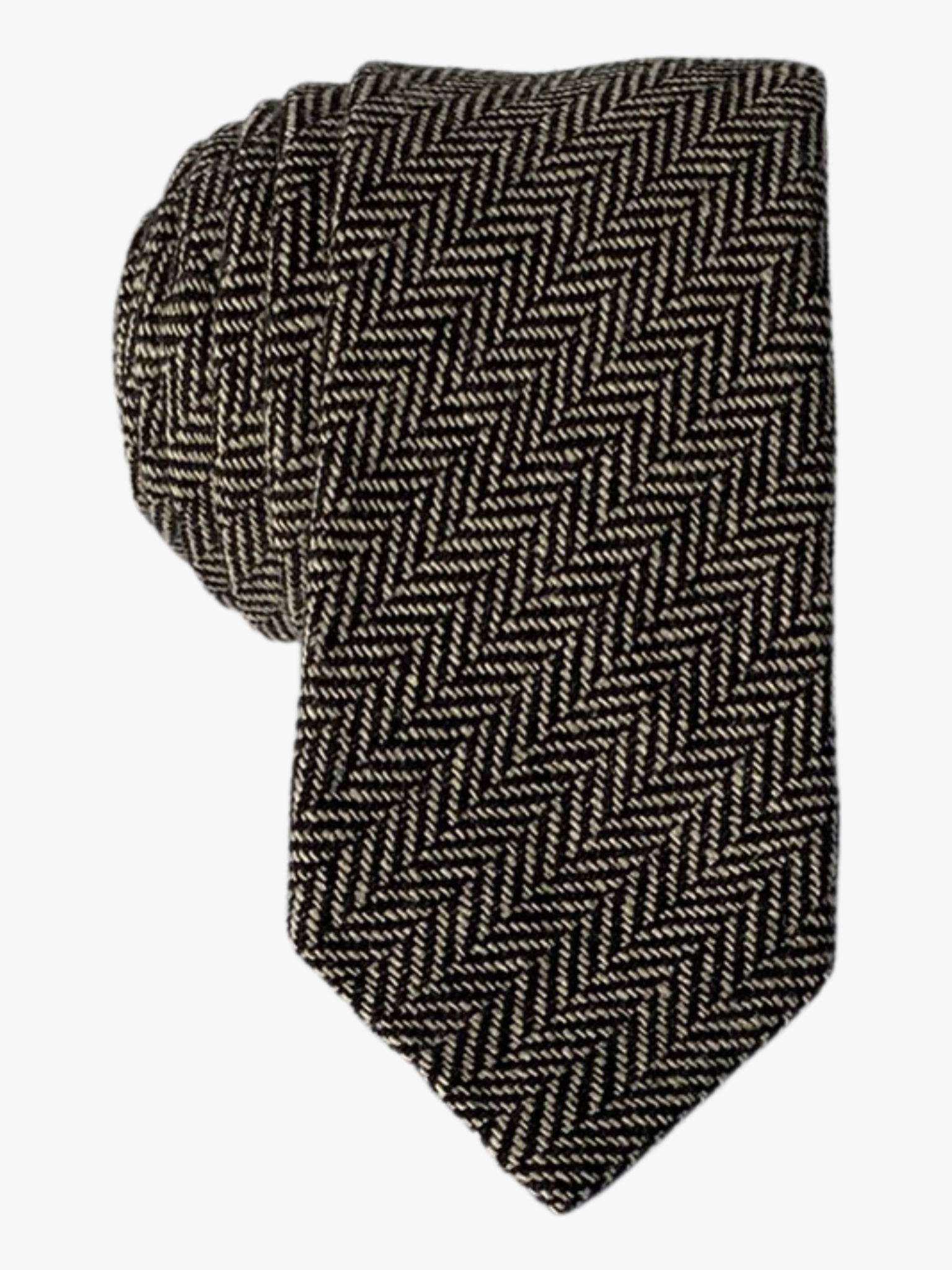 Adult mens herringbone tie with black and tan arrow designs and an infinite repeating diagonal pattern for remote work.