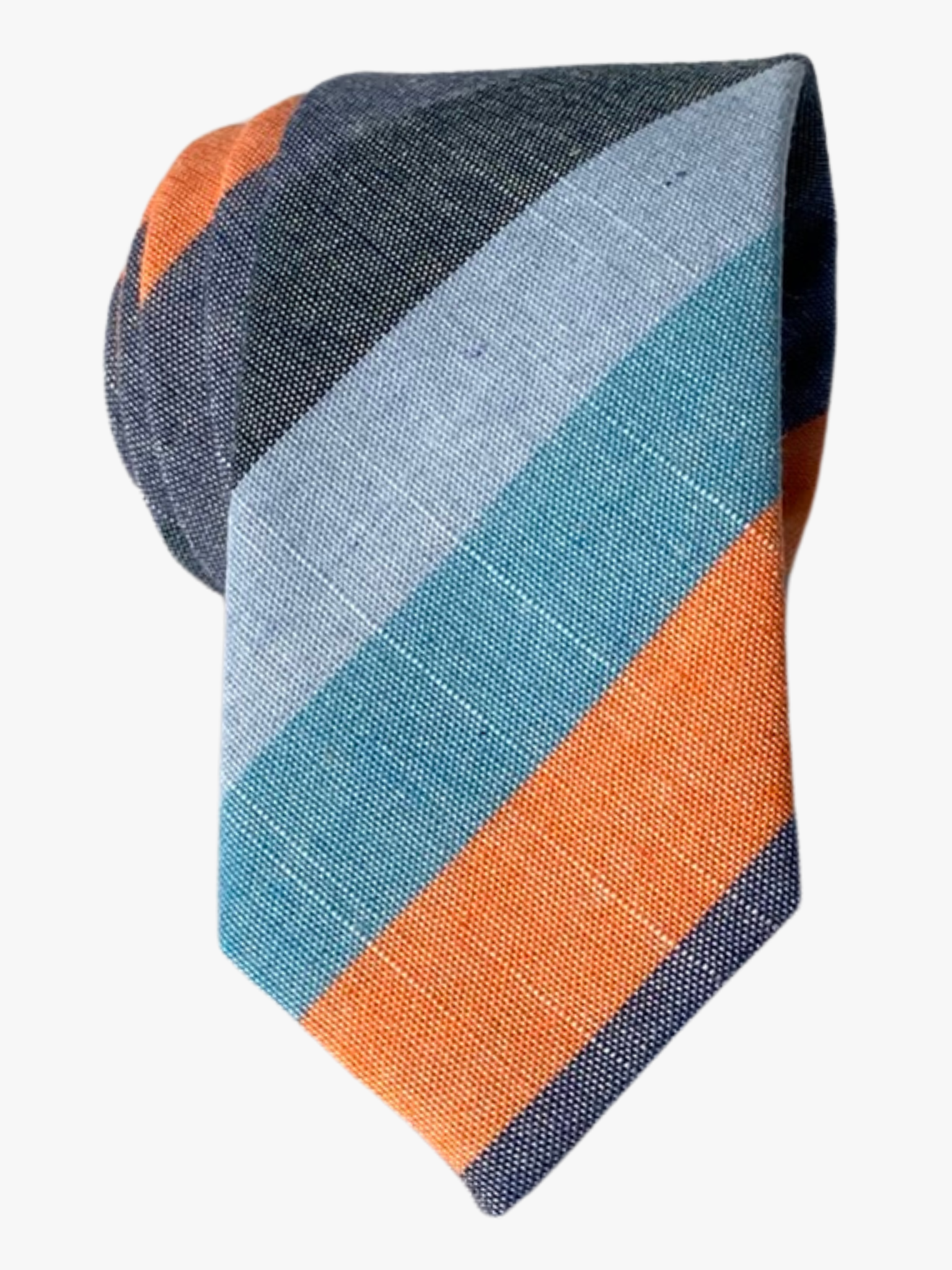 Adult mens striped tie with light blue stripes, thick orange lines, navy bars, and a bright colored design for presentations.