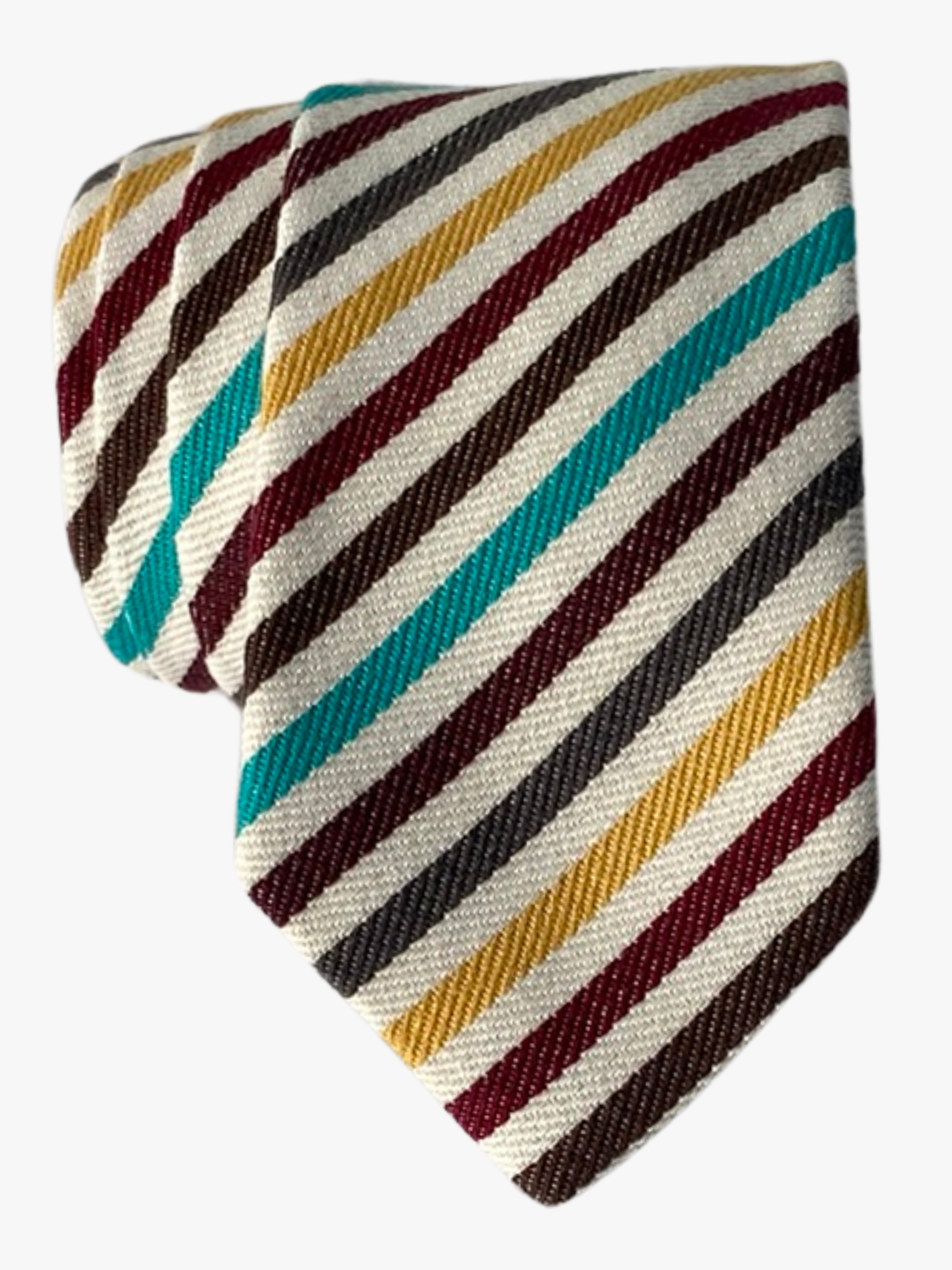 Adult mens striped tie with dark red stripes, thin yellow lines, turquoise bars, and a beige fabric for bar mitvahs. 