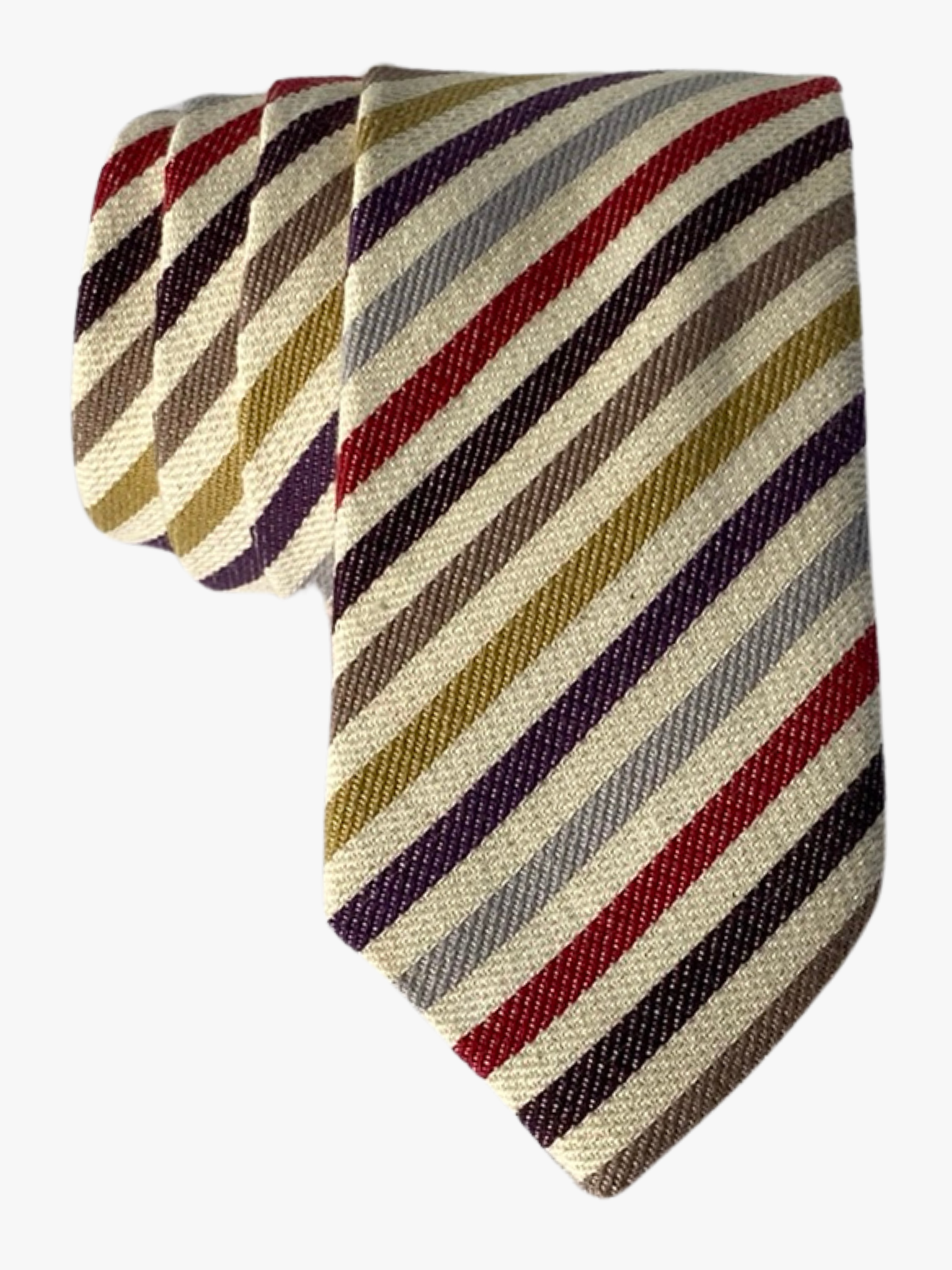 Adult mens striped tie with dark red stripes, thin ochre lines, purple bars, and colorful diagonal designs for baptisms.