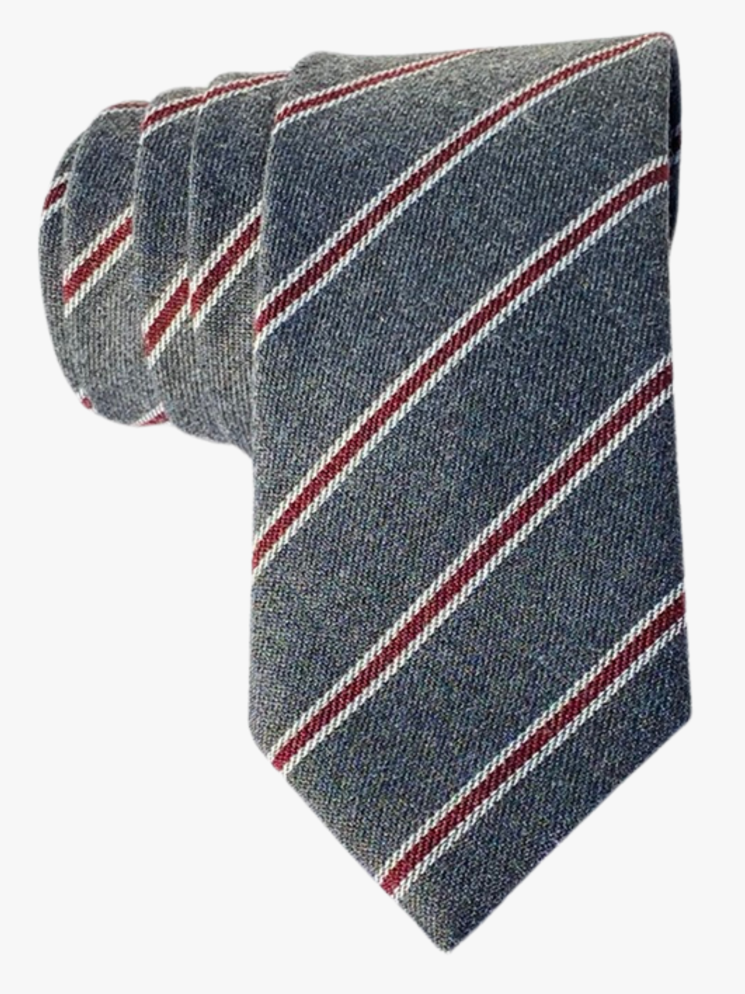 Adult mens striped tie with narrow white stripes, thin red lines, neutral gray bars, and a classic design for business trips.