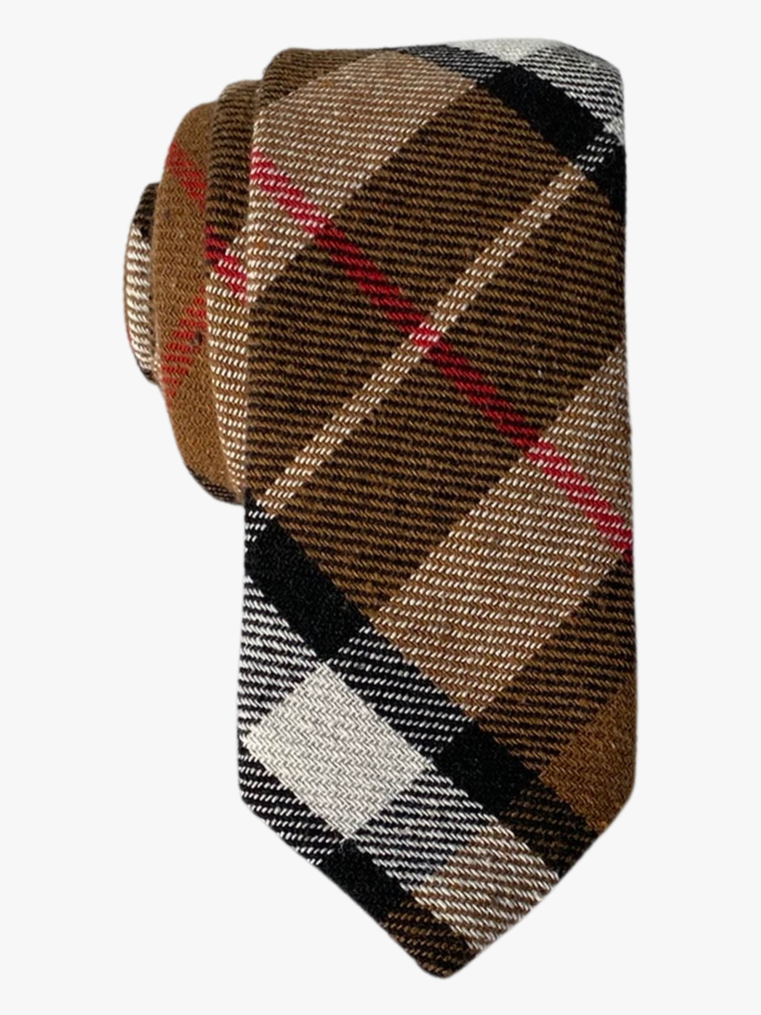 Adult mens cotton plaid tie with brown fabric, thin red lines, black bars, and colorful diagonal grid for costumes.