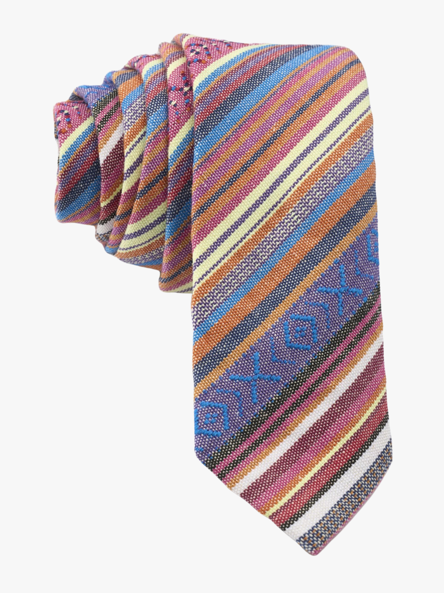 Adult mens striped necktie with blue stripe, orange lines, red bars, cross designs and Mexican fiesta Latin America style.