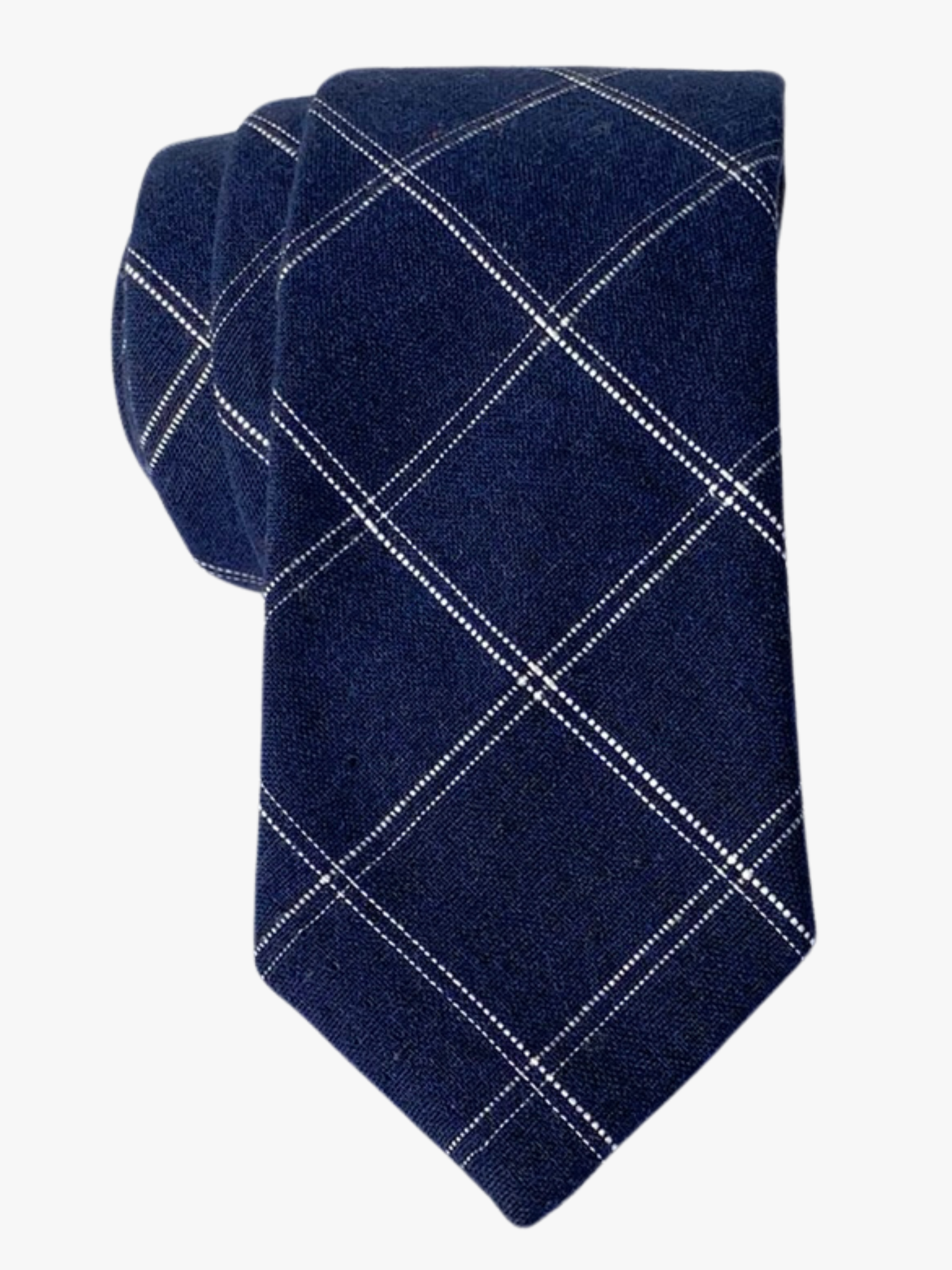 Adult mens cotton plaid tie with navy blue fabric and thin white lines in a grid pattern suited for salespeople.