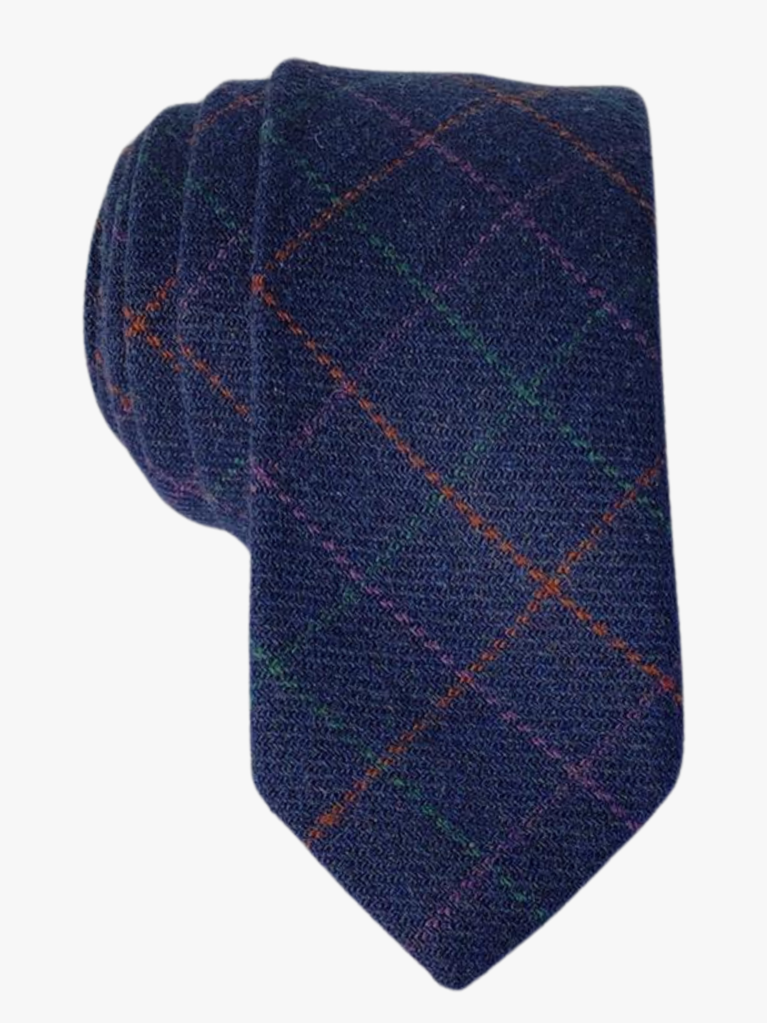 Adult mens cotton plaid tie with navy blue fabric and criss-cross red, green, and purple lines in a grid pattern.