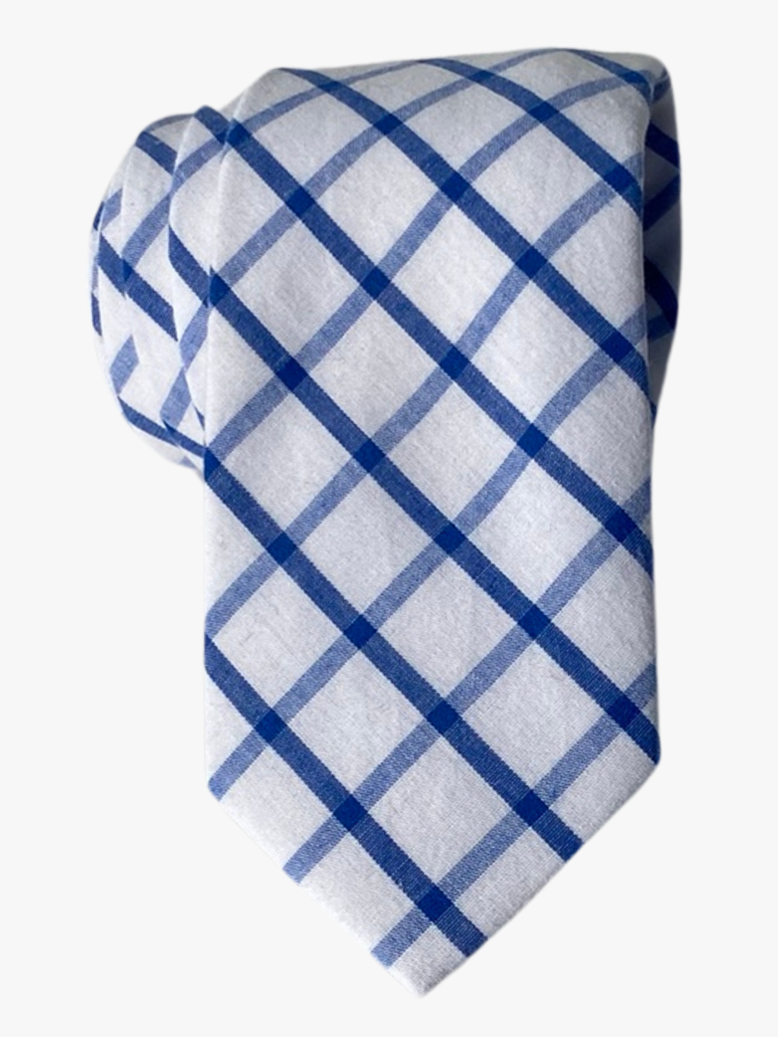 Adult mens cotton plaid tie with snow white fabric and criss-cross navy and light blue lines in a geometric grid pattern.