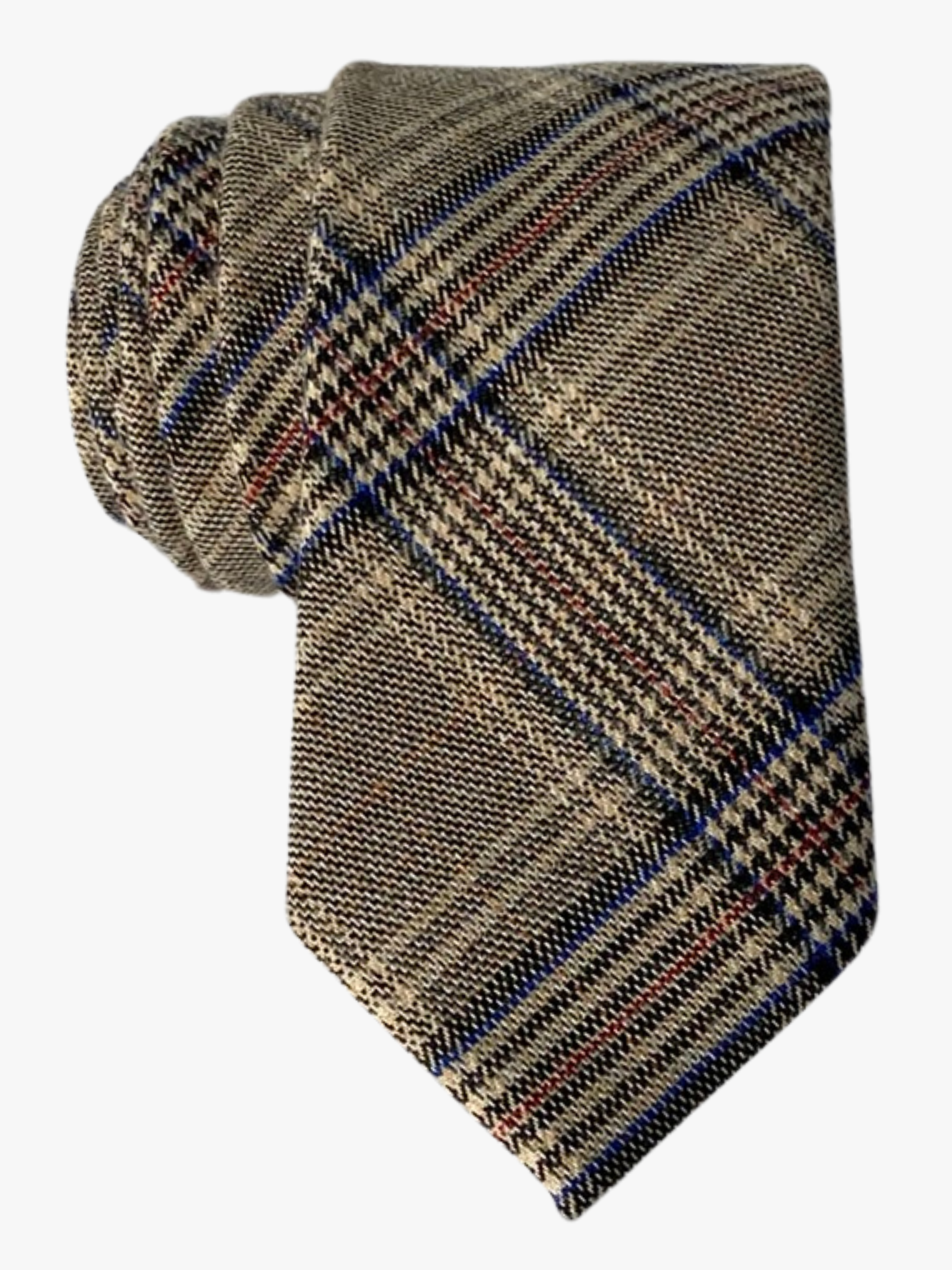 Adult mens cotton plaid tie with brown fabric, thin beige lines, narrow blue bars, and colors suited for tweed suits.