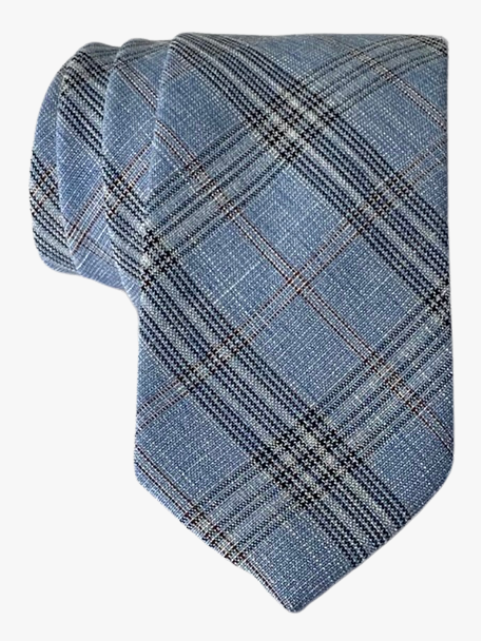 Adult mens cotton plaid tie with light blue fabric and thin black lines in an intersecting pattern for professional events.