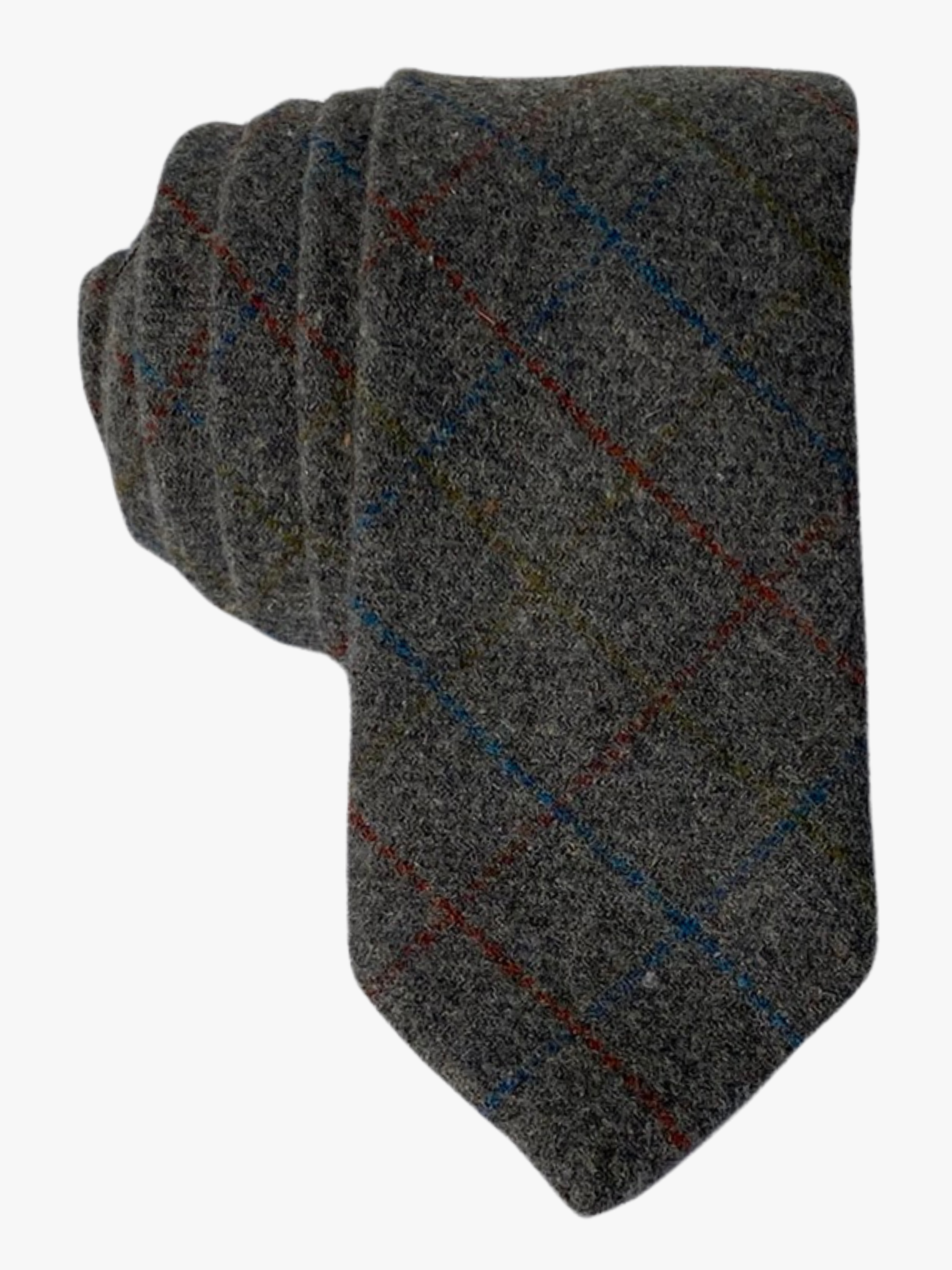 Adult mens cotton plaid tie with dark gray fabric, thin blue and red lines, and subtle grid design best for church services.