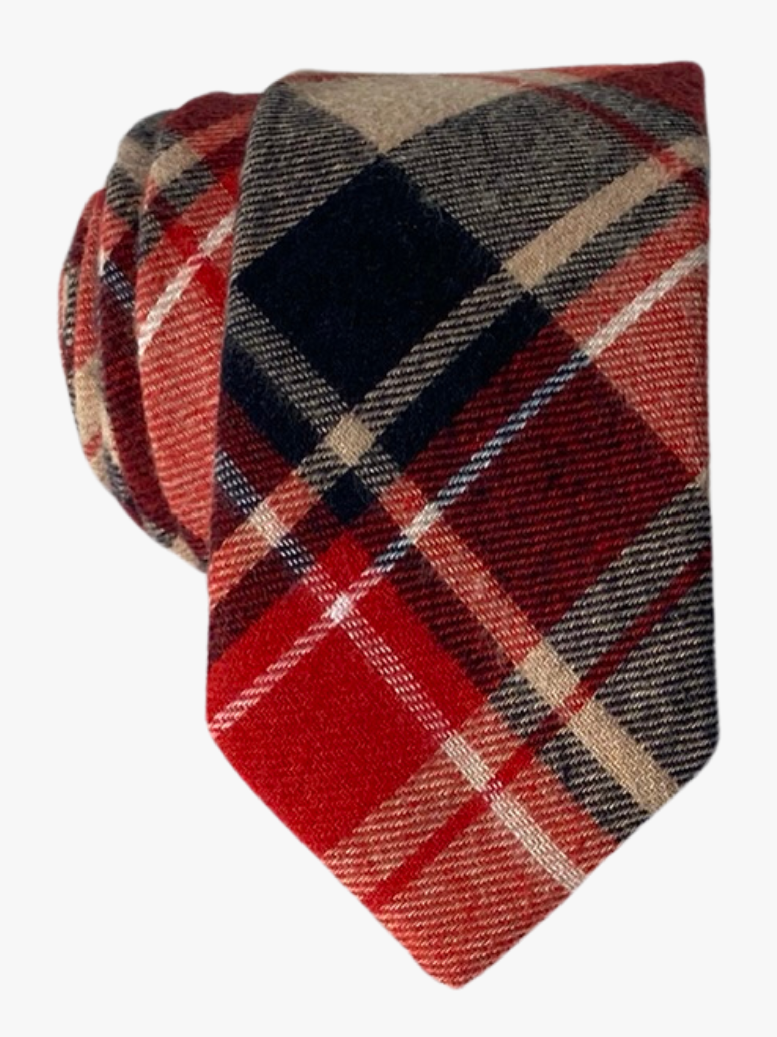 Adult mens cotton plaid tie with red fabric, thin beige lines, navy blue bars, and a Christmas feeling for the holidays.