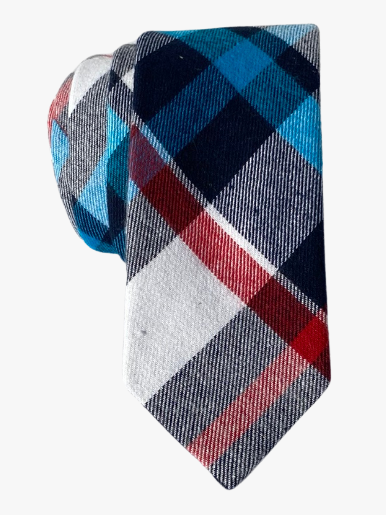 Adult mens cotton plaid tie with white fabric, thin red lines, turquoise bars, and colorful design for winter fashion.