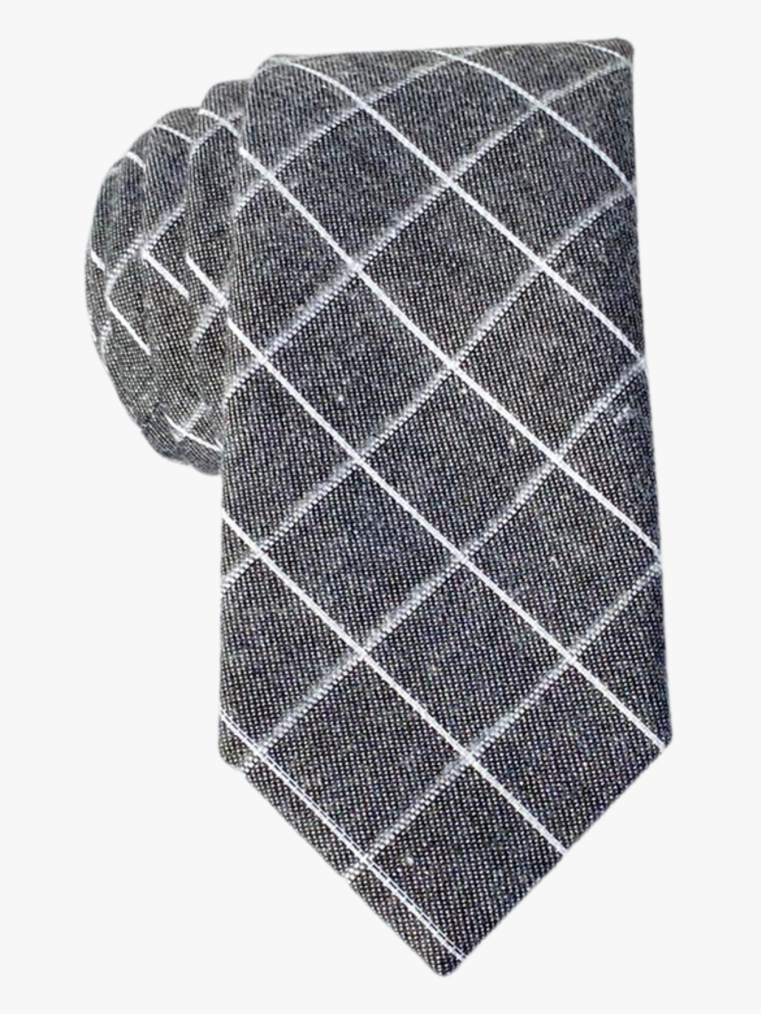 Adult mens cotton plaid tie with light gray fabric, intersecting thin white lines, and a geometric grid for math teachers.