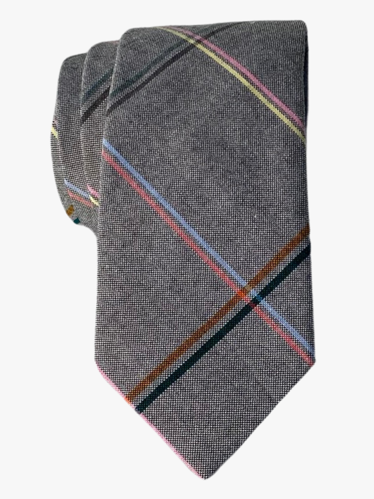 Adult mens cotton plaid tie with gray fabric, a grid of intersecting thin blue, red, yellow, and pink lines, and a soft feel.