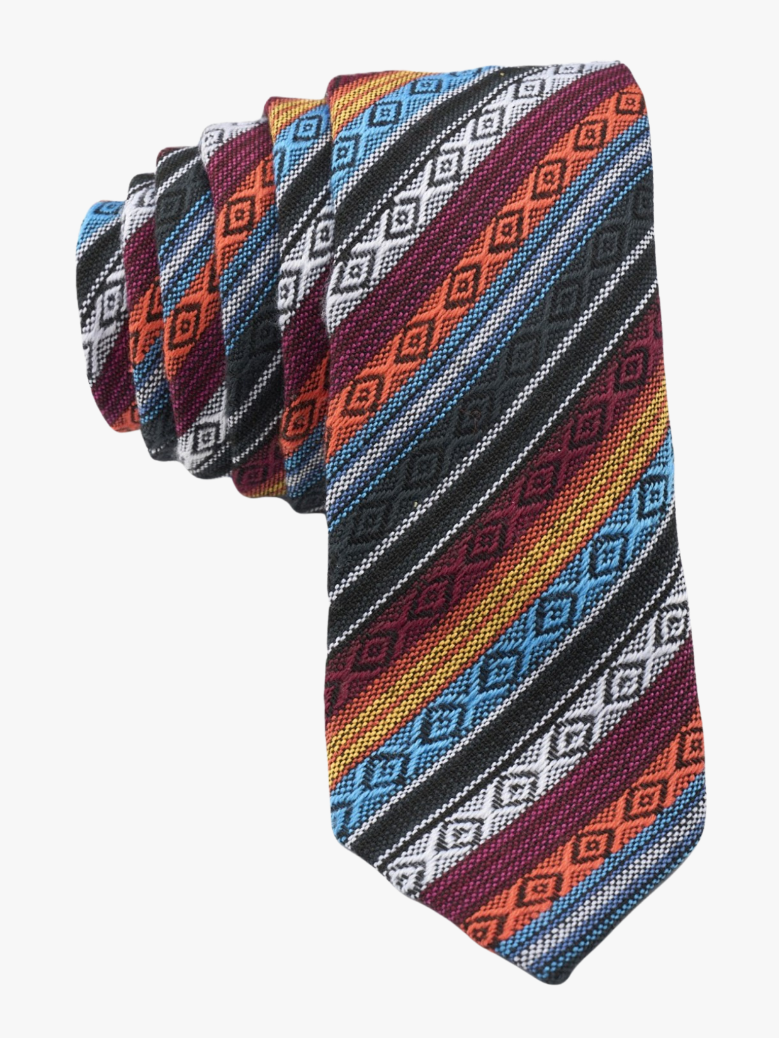 Adult mens striped tie with black stripe, wine red lines, orange bars, blue designs and Mexican fiesta Latin America style.