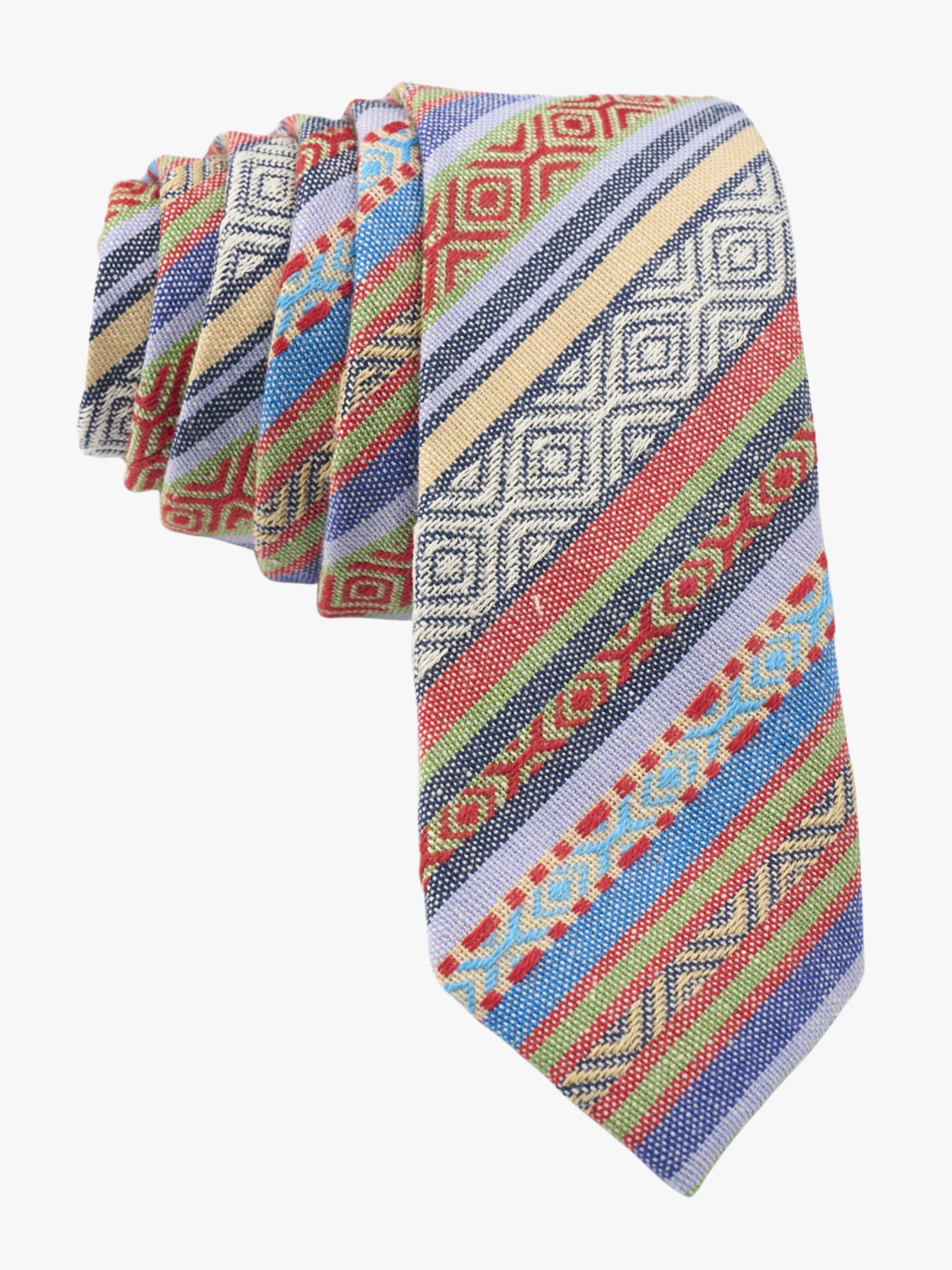 Adult mens striped tie with red stripe, green lines, blue bars, zig zag designs and Mexican fiesta or Latin American style.