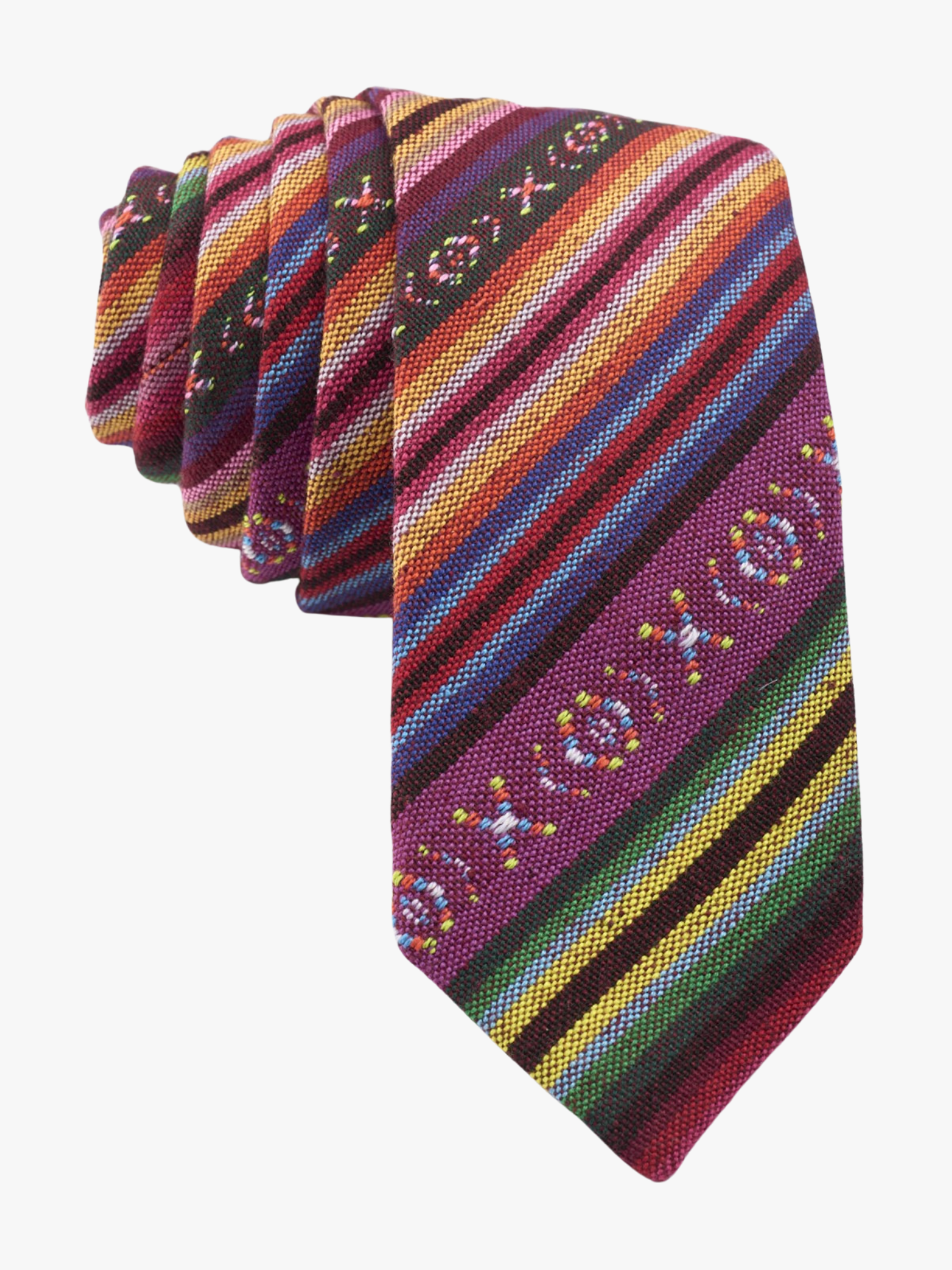 Adult mens striped tie with purple stripes, green and yellow lines, orange and red bars, cross designs, and Mexican flair.