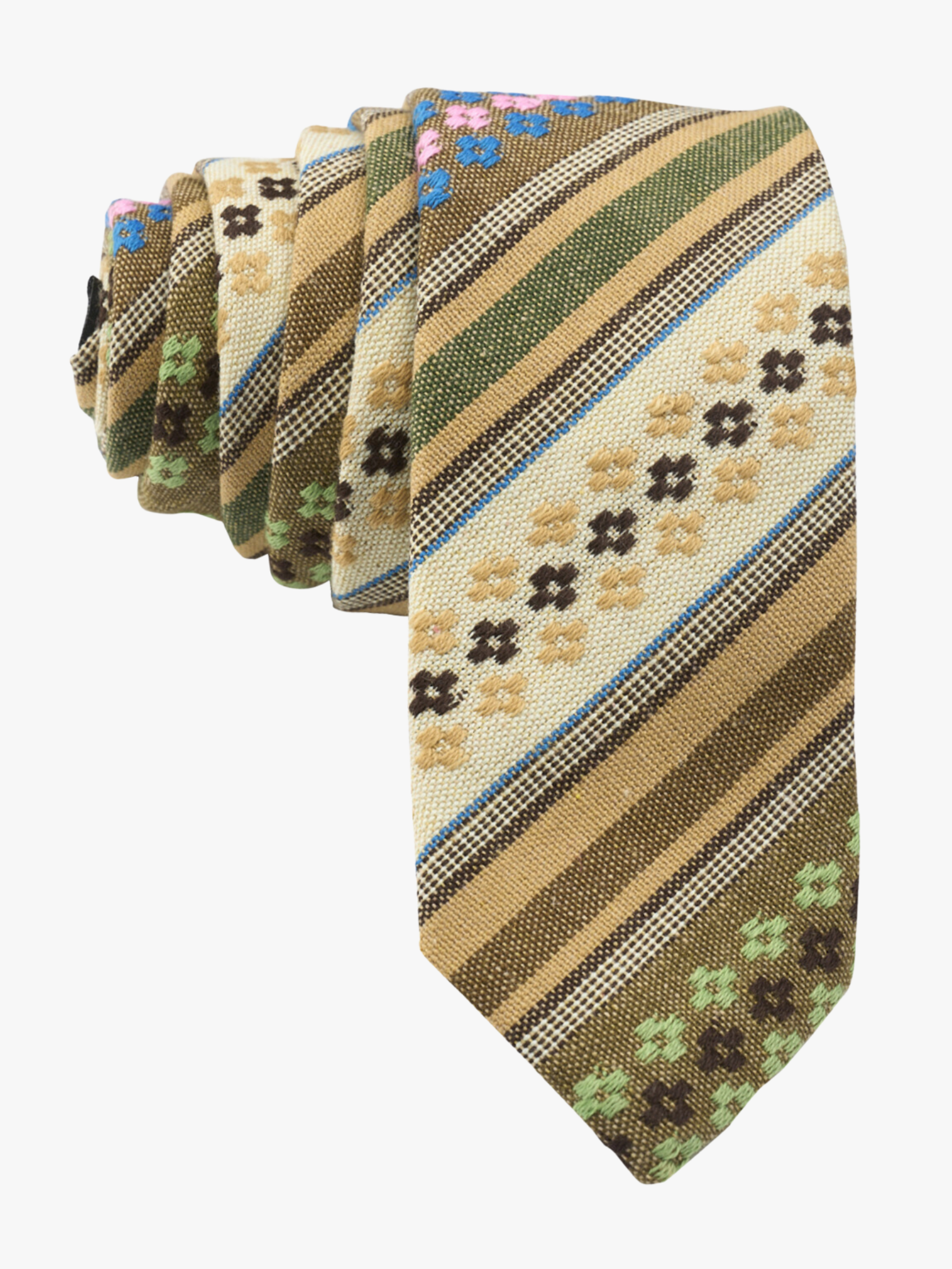 Adult mens striped necktie with green stripe, tan lines, brown bars, cross designs and Mexican fiesta Latin America style.