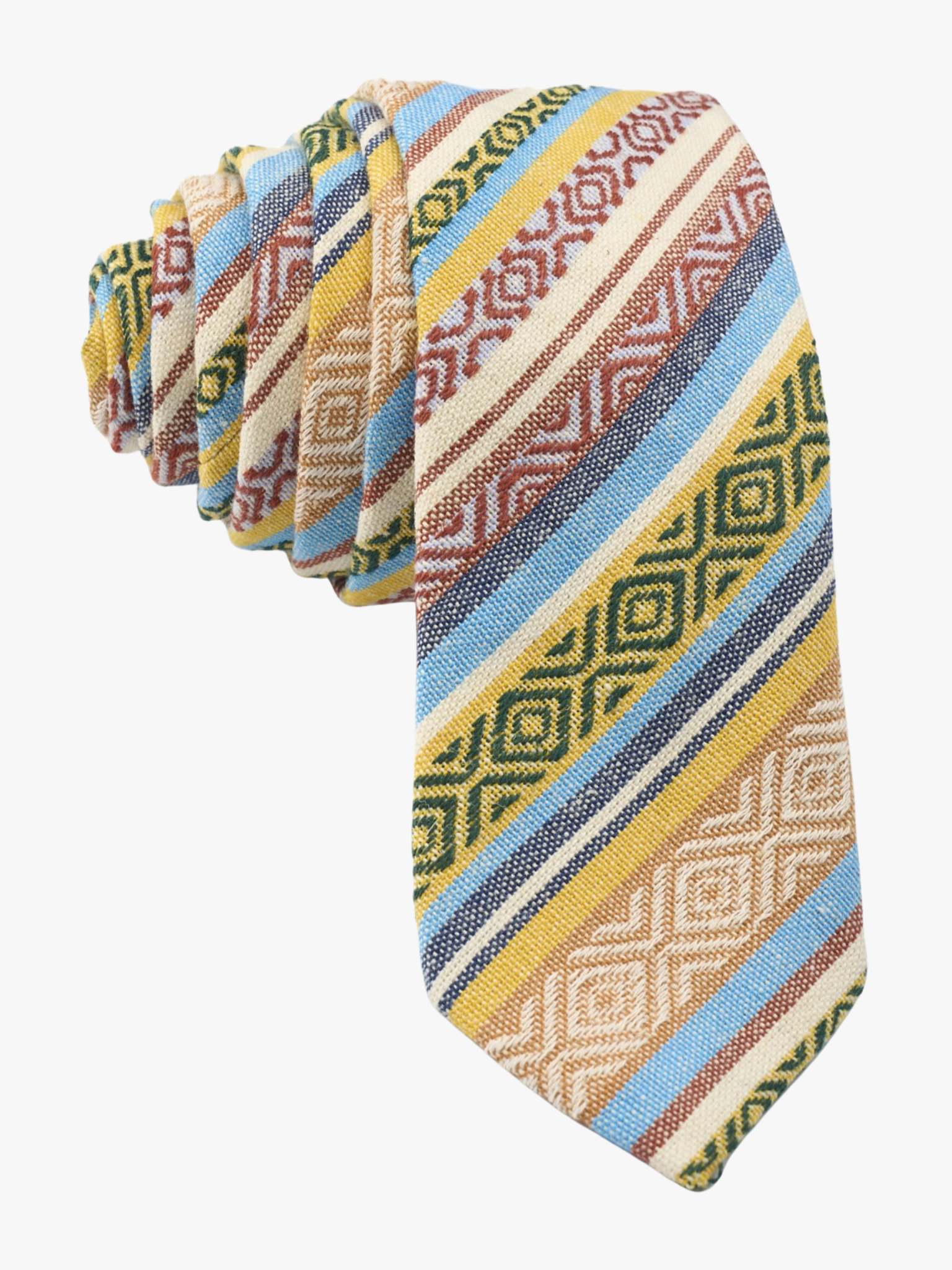 Adult mens striped tie with yellow stripe, blue lines, beige bars, American designs and Mexican fiesta Latin America style.