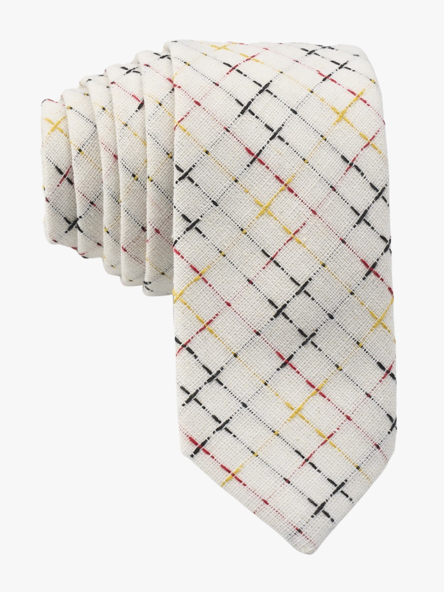 Adult mens striped necktie with colorful grid designs, intersecting red, yellow, and black lines on a white cotton fabric.