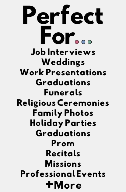 A picture with examples of where our ties can be worn, such as for church, graduations, and missions.