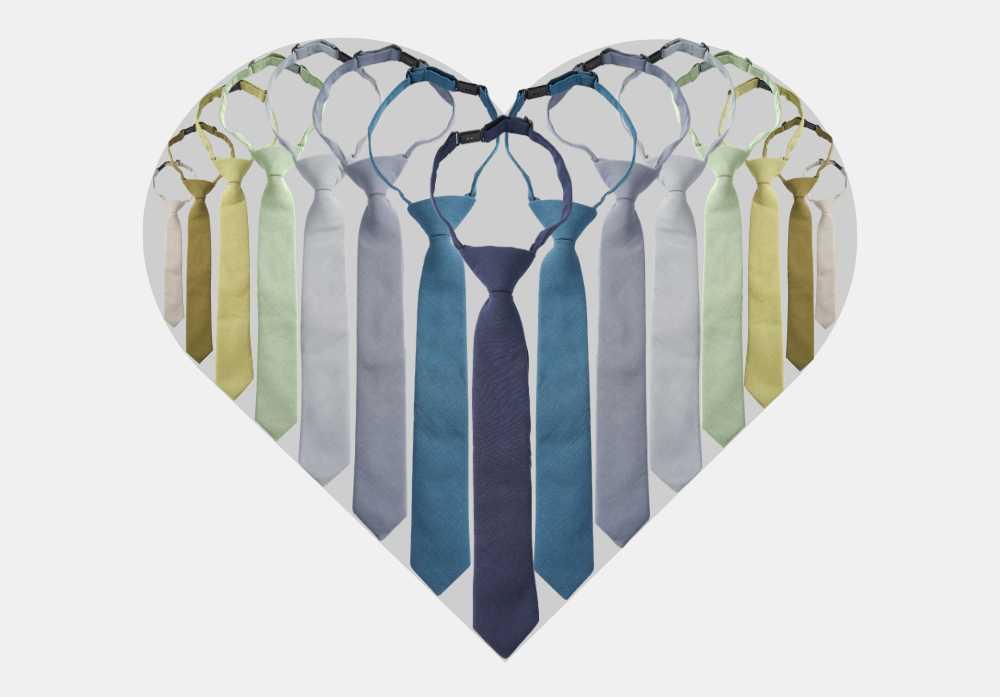 An icon of a heart remade out of a variety of solid blue and green adjustable neckties. 